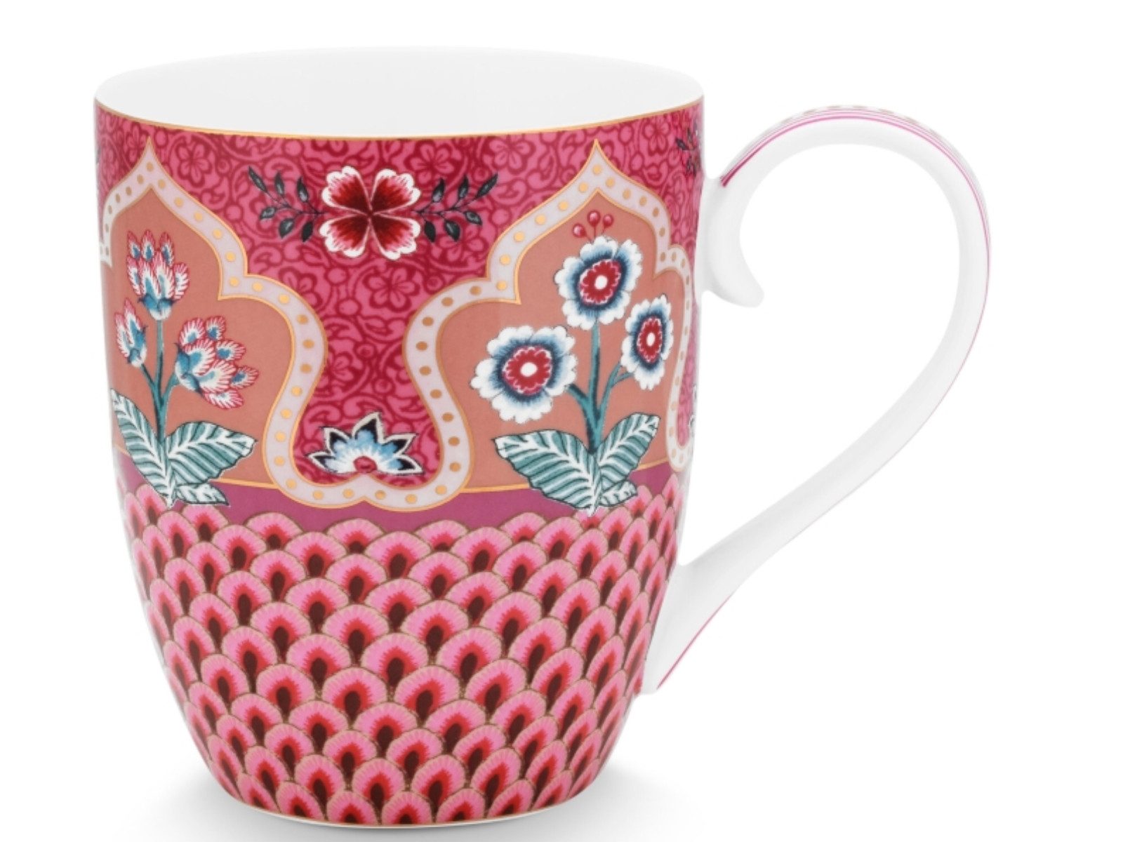 PiP Studio Becher Flower Festival sca.Henkelbecher dark p. XL 450 ml, Porzellan, Mug XL Flower Festival Scallop Deco Dark Pink 450ml