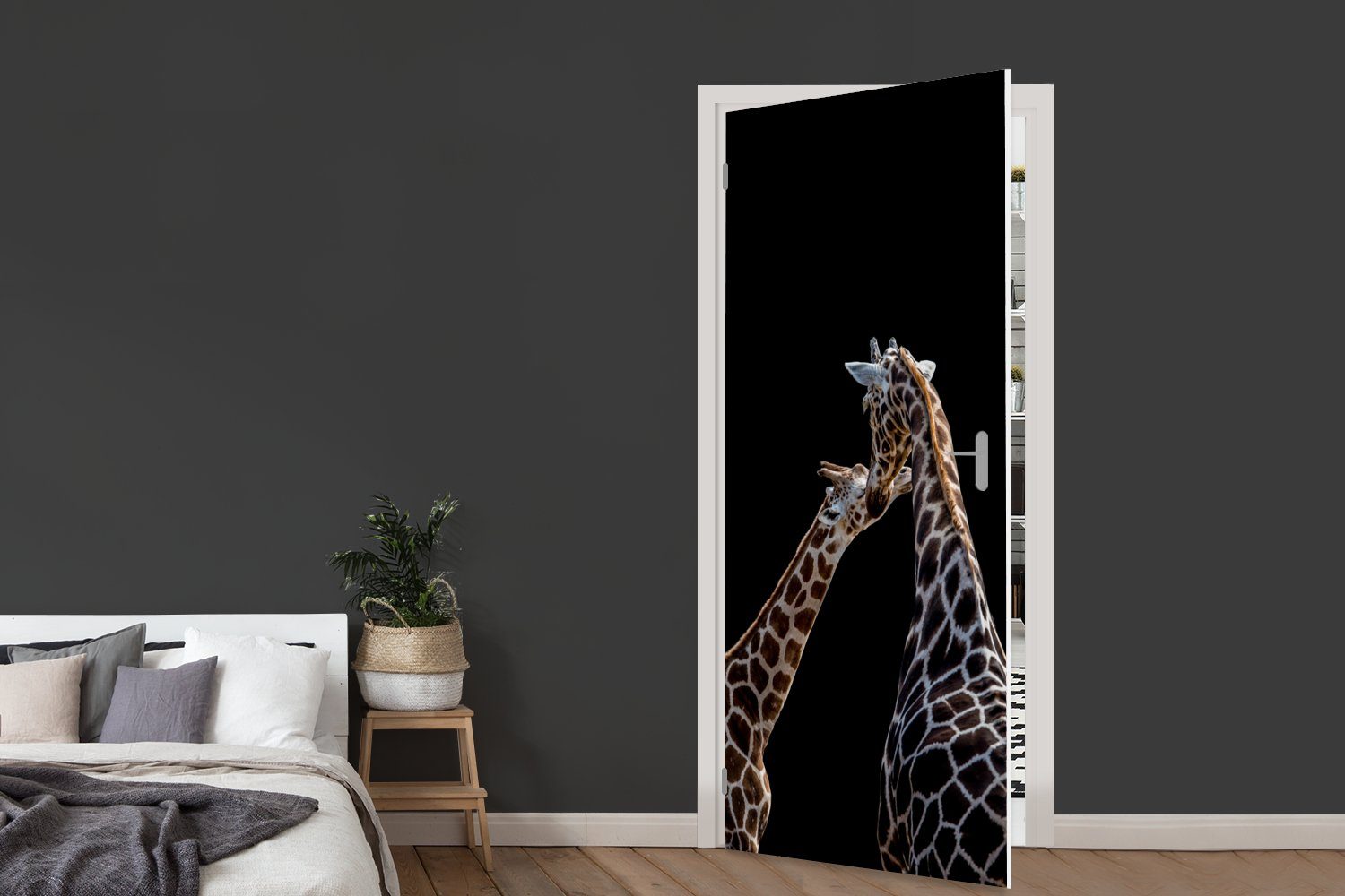 cm Hintergrund, Türtapete Matt, Türaufkleber, Baby Giraffe und bedruckt, MuchoWow 75x205 vor Fototapete St), schwarzem für (1 Mutter Tür,