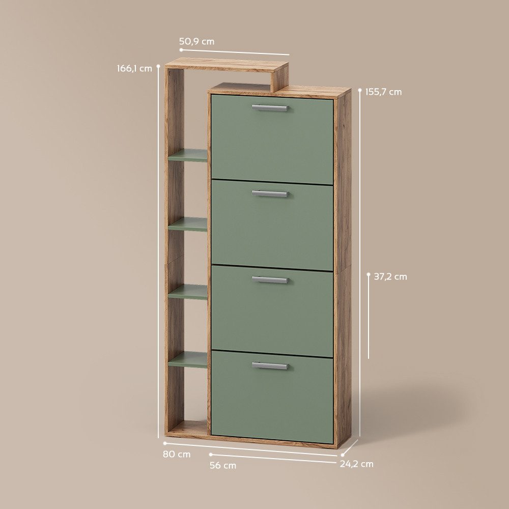 Livinity® Schuhkipper Ortello, Goldkraft Eiche/Grün/Grün, 80 x 166.1 cm mit 4 Fächern (1 St)