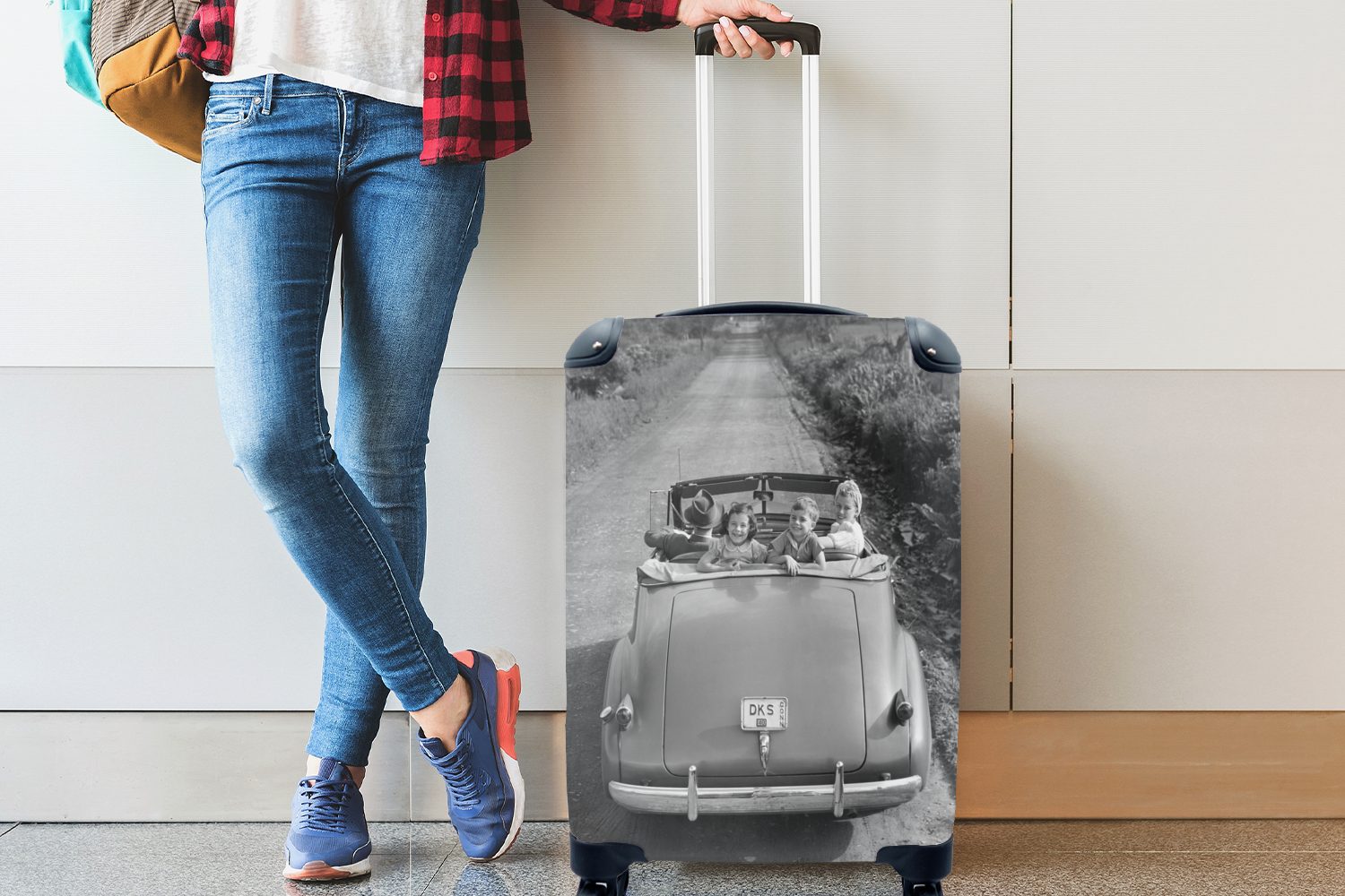 MuchoWow Handgepäckkoffer Jahrgang - Auto, Reisekoffer mit Reisetasche - für 4 Handgepäck Trolley, Rollen, Familie rollen, Ferien