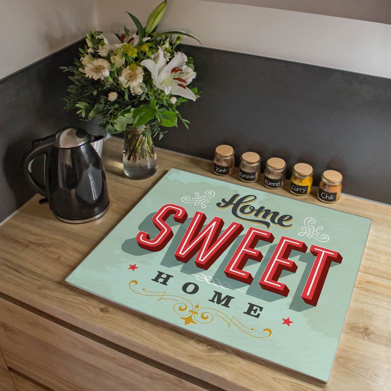 banjado Herd-Abdeckplatte einteilig aus Glas mit Motiv Home Sweet Home, (gehärtet, 1 tlg., inkl. selbstklebende Gummifüßchen)