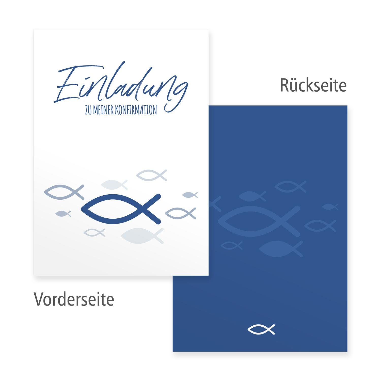 itenga Grußkarten itenga 6x Klappkarten Fisch Einladung Umsc zur inkl. blau Konfirmation