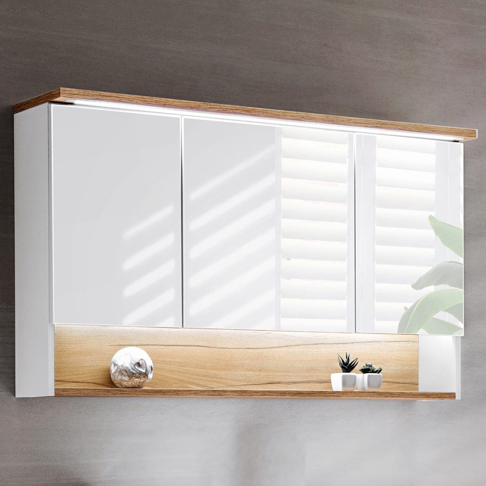 Lomadox Spiegelschrank BERMUDA-56 Badezimmer 120cm LED- in weiß mit WotaneicheB/H/T 120/69/25cm