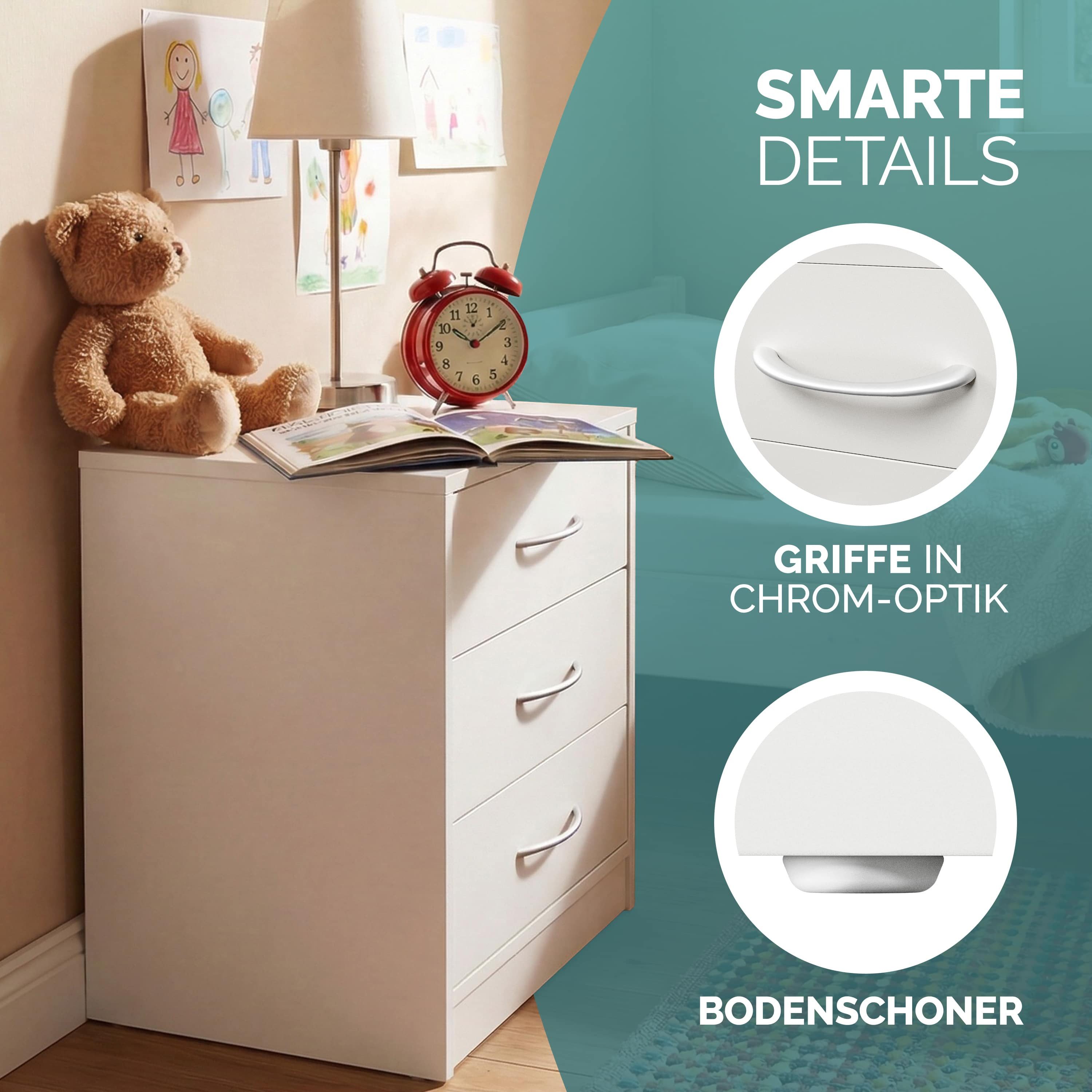 Casaria Nachttisch Eloise (1-St), mit 3 Schubladen Kabelführung Wandbefestigung Boxspringbett