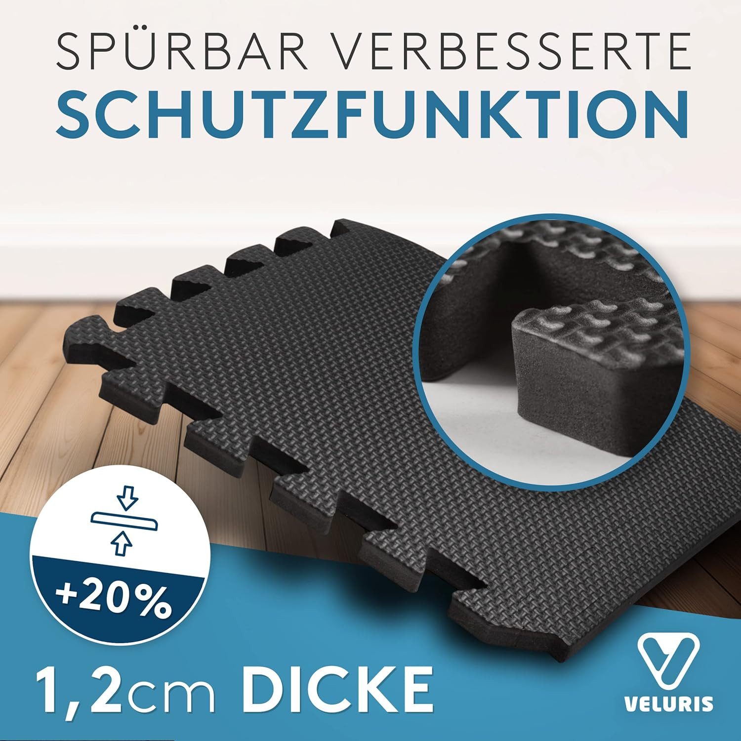 Veluris Bodenmatte Fitness – Steck-Puzzlematten Set 18-tlg. für Fitnessgeräte 31x31 cm (18 Stück), 20% extra dick, rutschfest, feuchtigkeitsabweisend, inkl. Randstücke