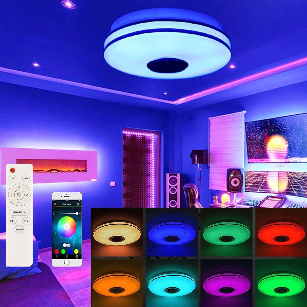 LETGOSPT Deckenleuchte Deckenlampe mit Bluetooth Lautsprecher, Musik Lampe,  RGB Farbwechsel, LED fest integriert, LED Deckenlampe Dimmbar mit  Fernbedienung oder APP-Steuerung, für Wohnzimmer Schlafzimmer Küche  Kinderzimmer