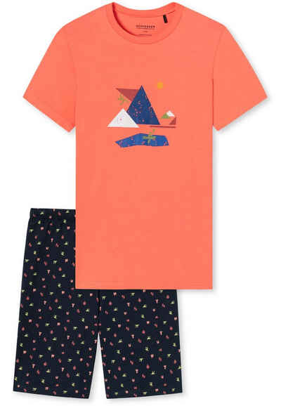 Schiesser Pyjama »Siesta Digial« (Set, 2 tlg) Schlafanzug - Baumwolle - Unifarbenes T-Shirt mit rundem Halsausschnitt, farbenfroher Print auf der Brust, Shorts mit mehrfarbigem Muster, In angenehm weicher Single-Jersey-Qualität