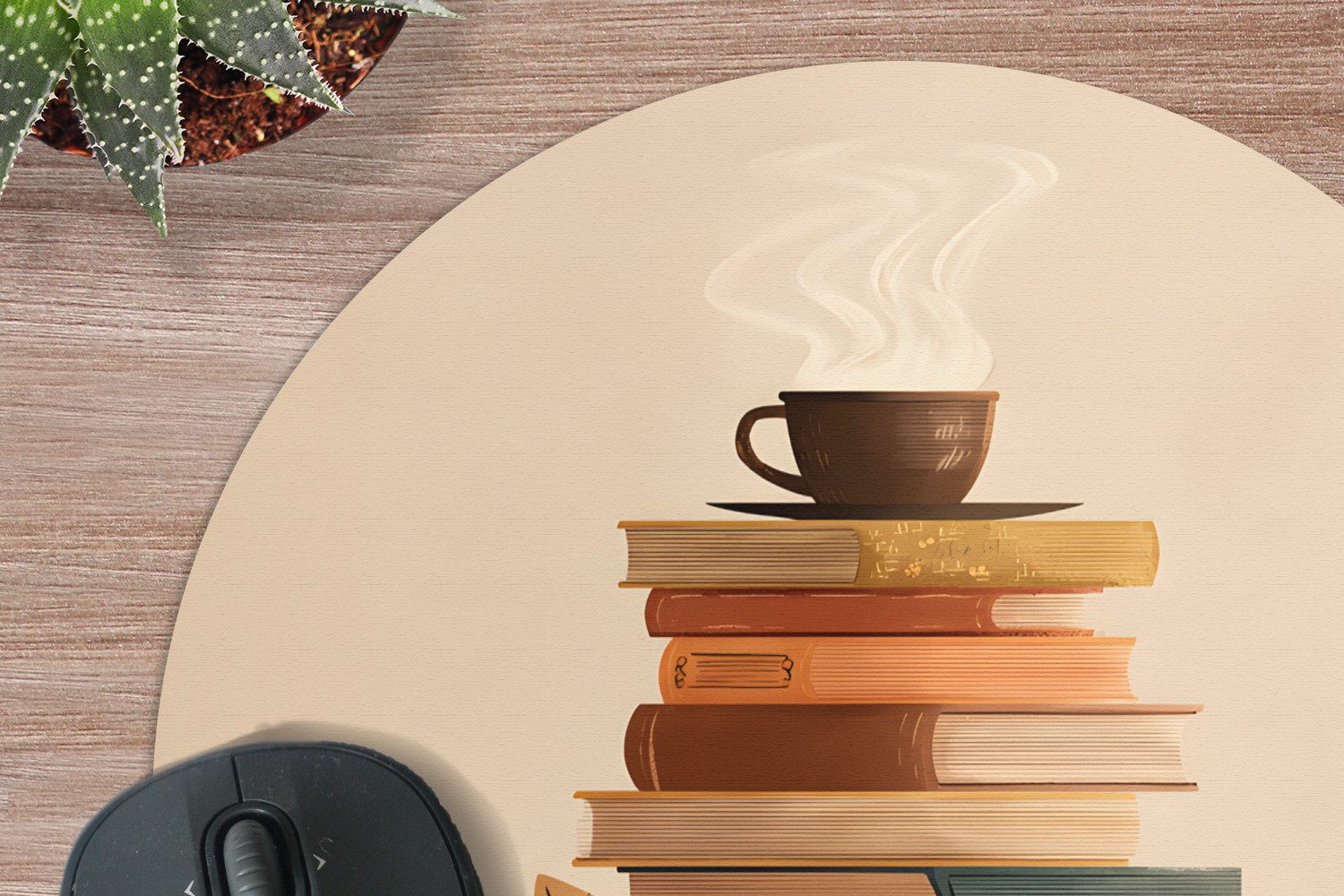 MuchoWow Mauspad Bücher - Turm - Kaffee - Beige (1-St), Büro für Tastatur und Maus, Mousepad Gaming, Rund 20x20 cm – Bild 2 von 5