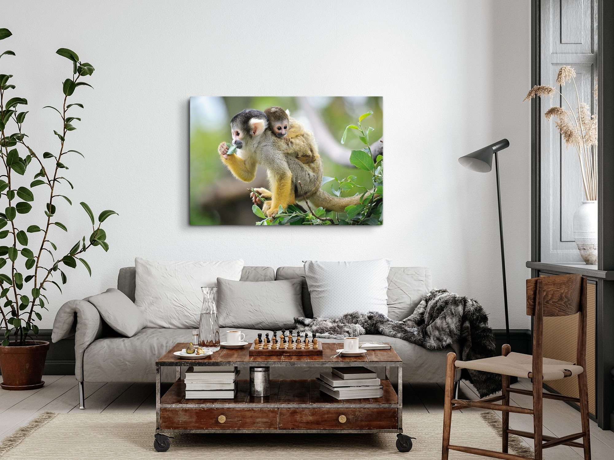 Sinus Art Leinwandbild 120x80cm Wandbild auf Leinwand Totenkopfaffen kleine Affen im Baum Nat, (1 St)