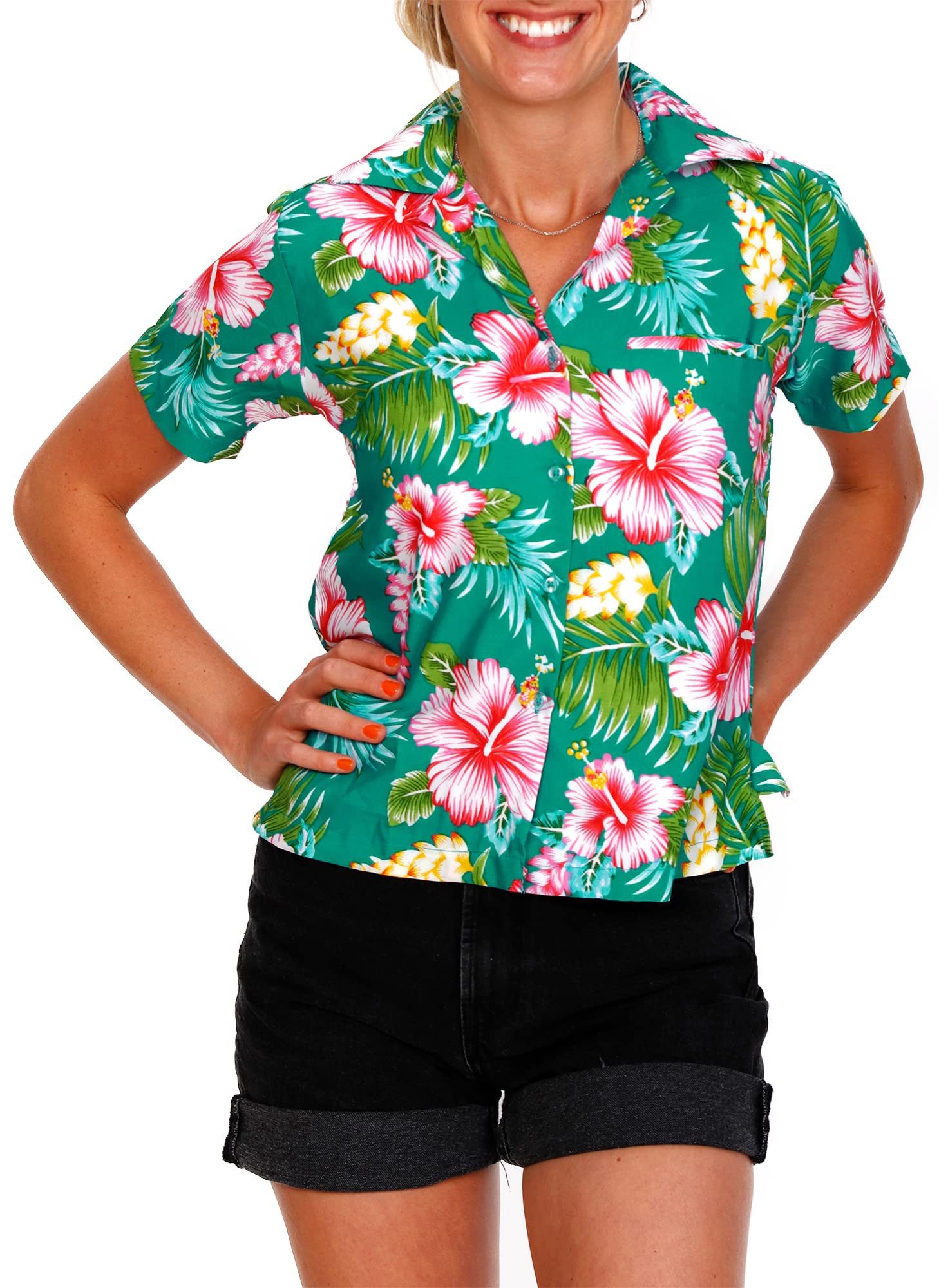 Hawaiihemd Hibiscus New Funky Hawaiibluse Damen Kurzarm Front-Tasche Stylish