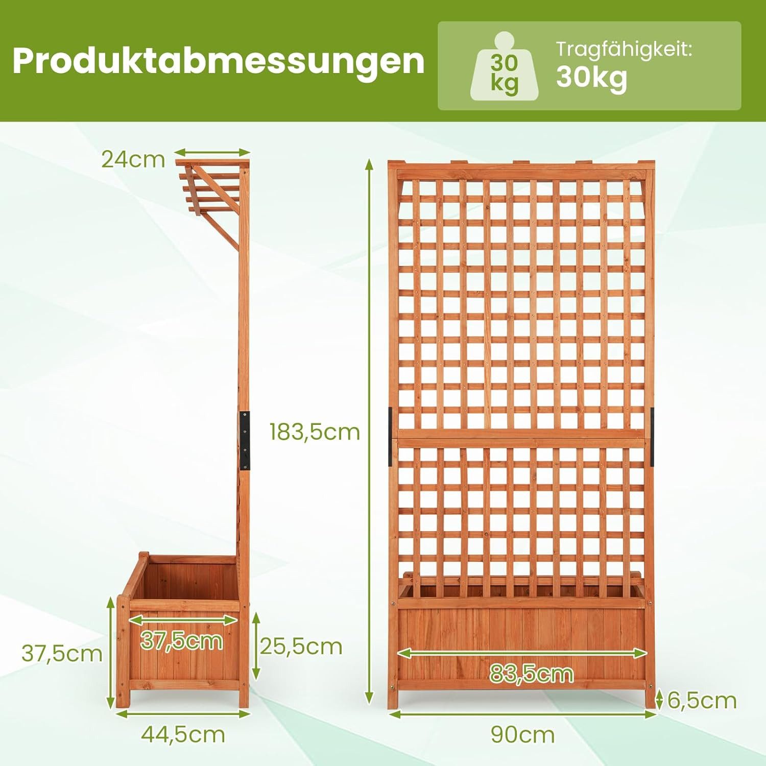 KOMFOTTEU Blumenkasten, Pflanzkasten mit Rankgitter, Ablauflöchern & Spalier