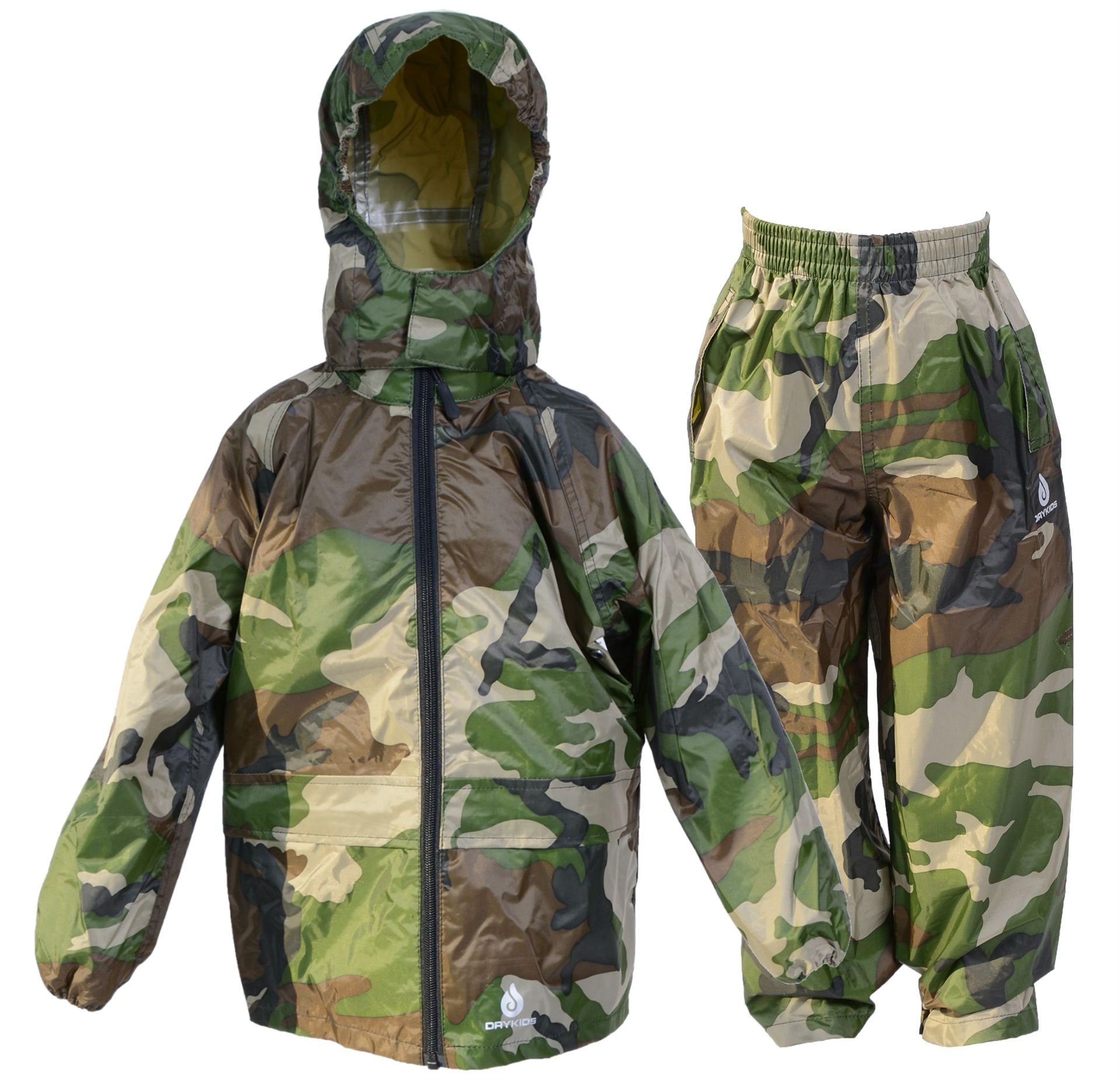 DRY KIDS Regenanzug Regenbekleidung reflektierende Wasserdichtes Kinder Camouflage-Grün (1-tlg), Regenanzug-Set