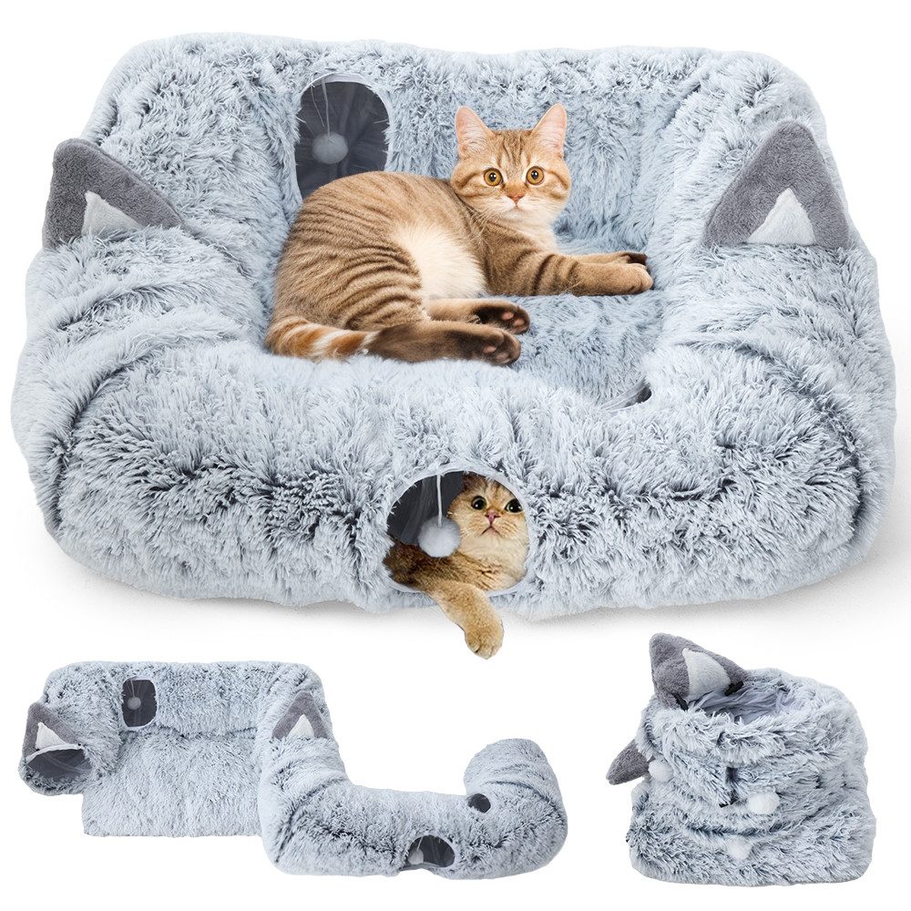 MECO Tiertunnel 2 in1 XL Katzentunnel Tierbett 103x85x25cm, Plüschiges Material, Spieltunnel mit Spielball Katzenspielzeug, Tragfähigkeit bis 10kg