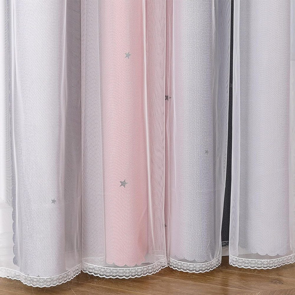 TUWENA Verdunkelungsvorhang Verdunkelungsvorhänge, Glänzend Sterne Vorhänge Farbverlauf 2er Set, Sterne Pattern Mix Weiß Voile Vorhänge mit Ösen Schlafzimmer Ga – Bild 5 von 5
