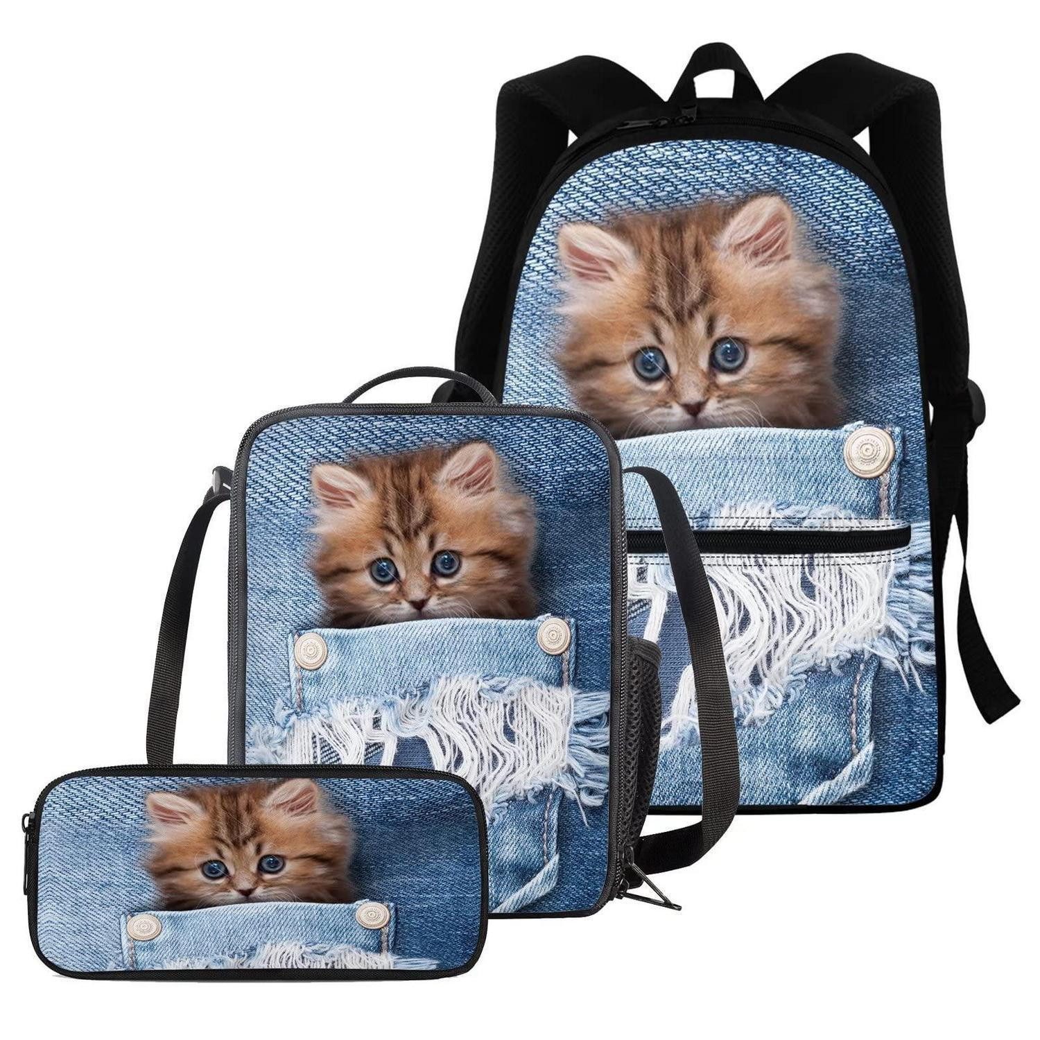 LuxusKollektion Schulranzen 3tlg Rucksack Set Katze Kinder Mädchen Schule Lunch Federmäppchen