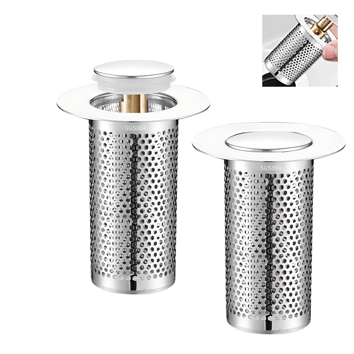 DOPWii Waschbeckenstöpsel 2pcs Badezimmer-Waschbeckenstopper-Haarfänger,Pop-up-Abflusssieb, (2 St), mit abnehmbarem Edelstahl-Siebkorbfänger,für 1,3-2,2Zoll-Abflusslöcher