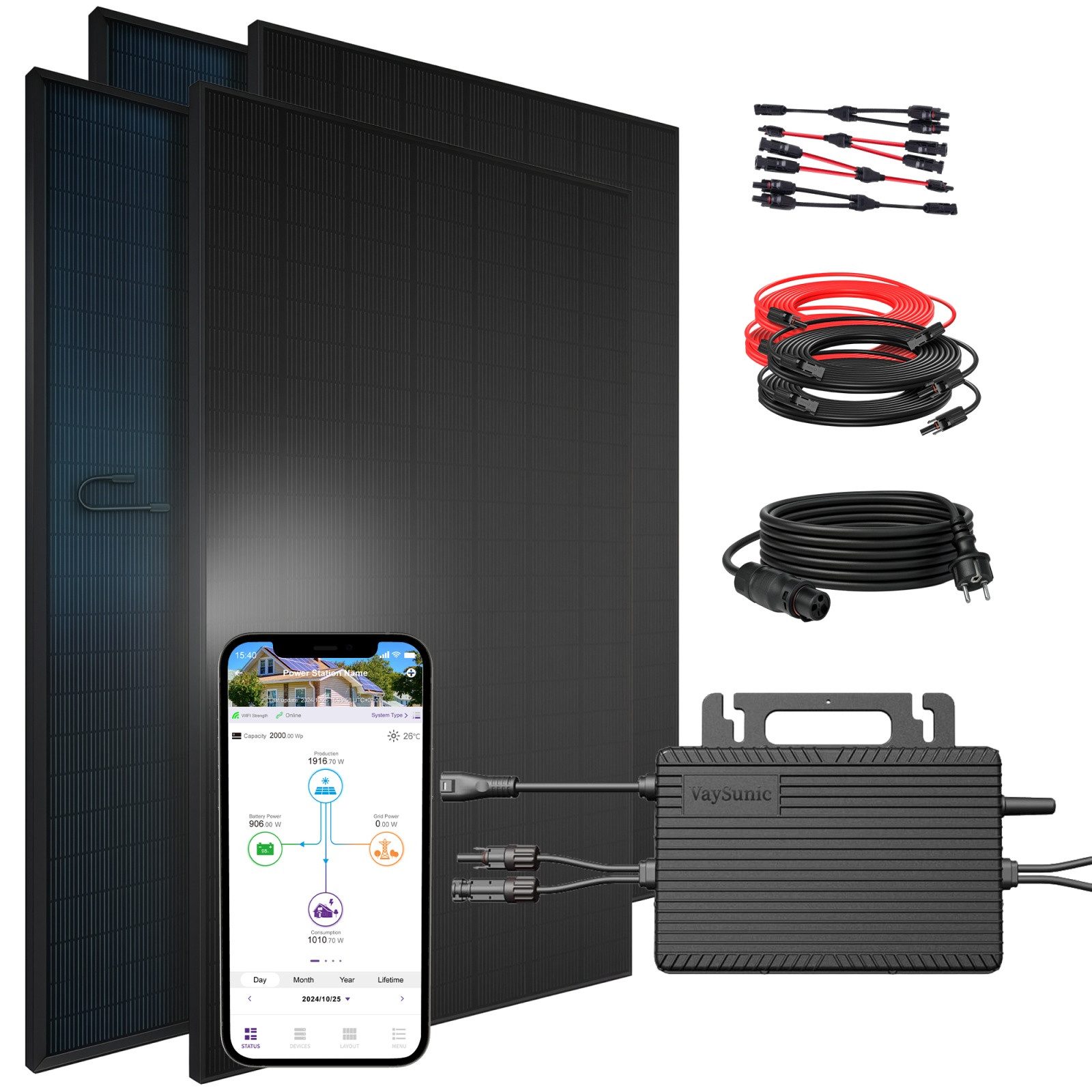 SUNNIVA Balkonkraftwerk 1840W BIFAZIAL FULLBLACK komplett Steckdose, (VAYSUNIC VM800WE-BE-P2 800W Wechselrichter, PV Solaranlage Komplettset,4x460W Glas-Glas Bifacial Solarmodule, 5m + 4x2,5m Kabelset)