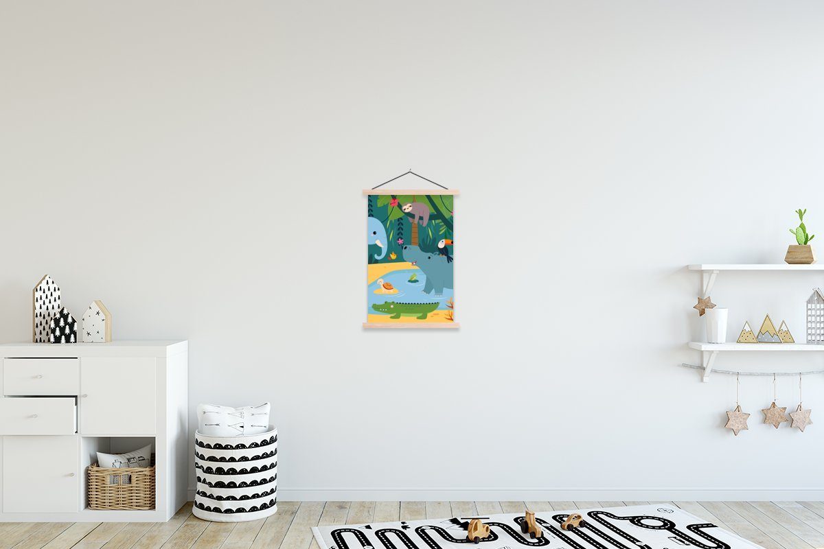 Dschungel Magnetisch Posterleiste, Poster Textilposter (1 Bilderleiste, Wohnzimmer, Kinder, MuchoWow - für St), - Blumen Tiere -