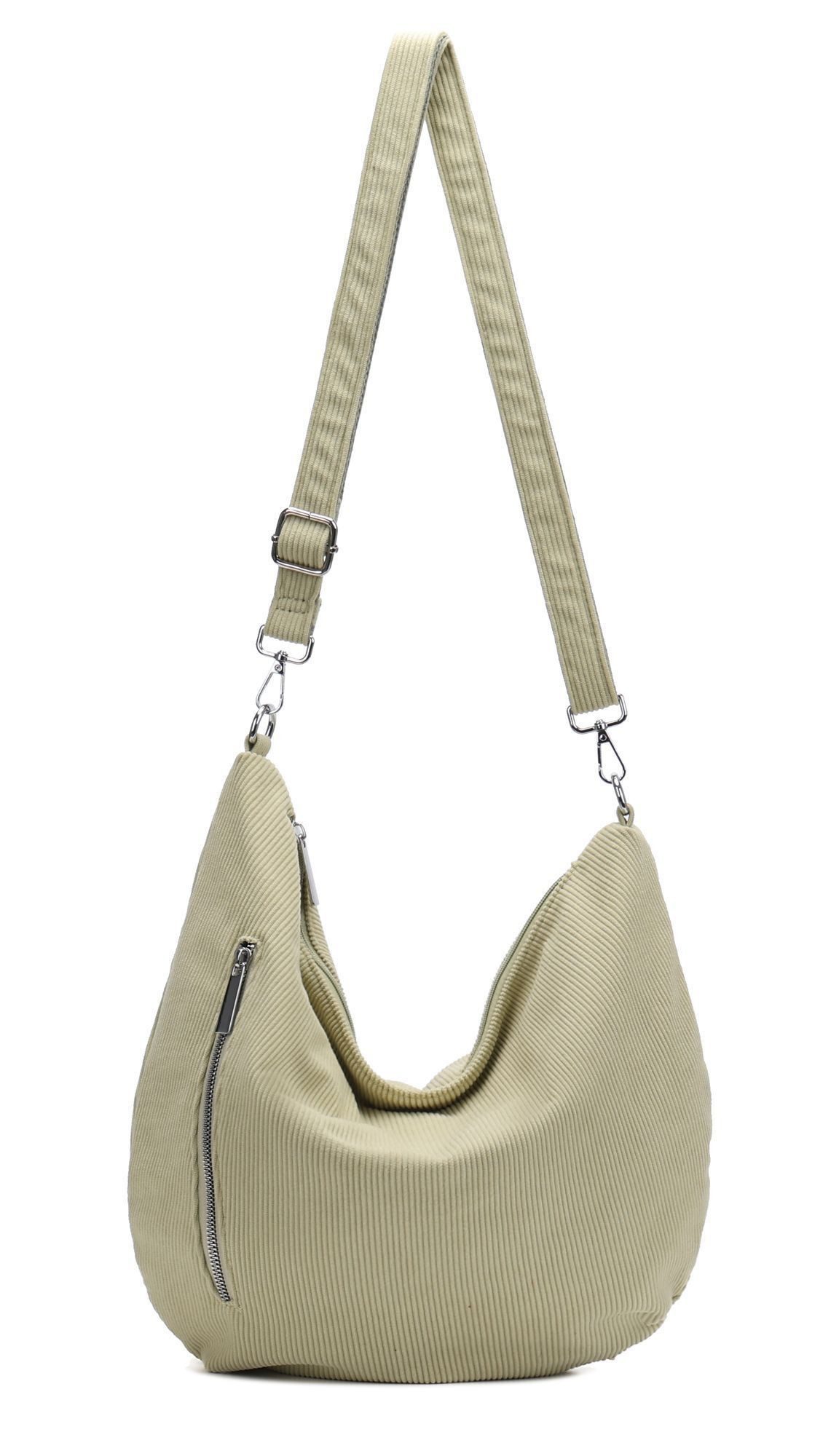 ITALYSHOP24 Schultertasche Damen Halbmond Tasche aus Cord CrossOver Body Bag Umhängetasche, Runde Cordtasche Asymmetrisches MOON Brust Slingtasche Wildlederoptik
