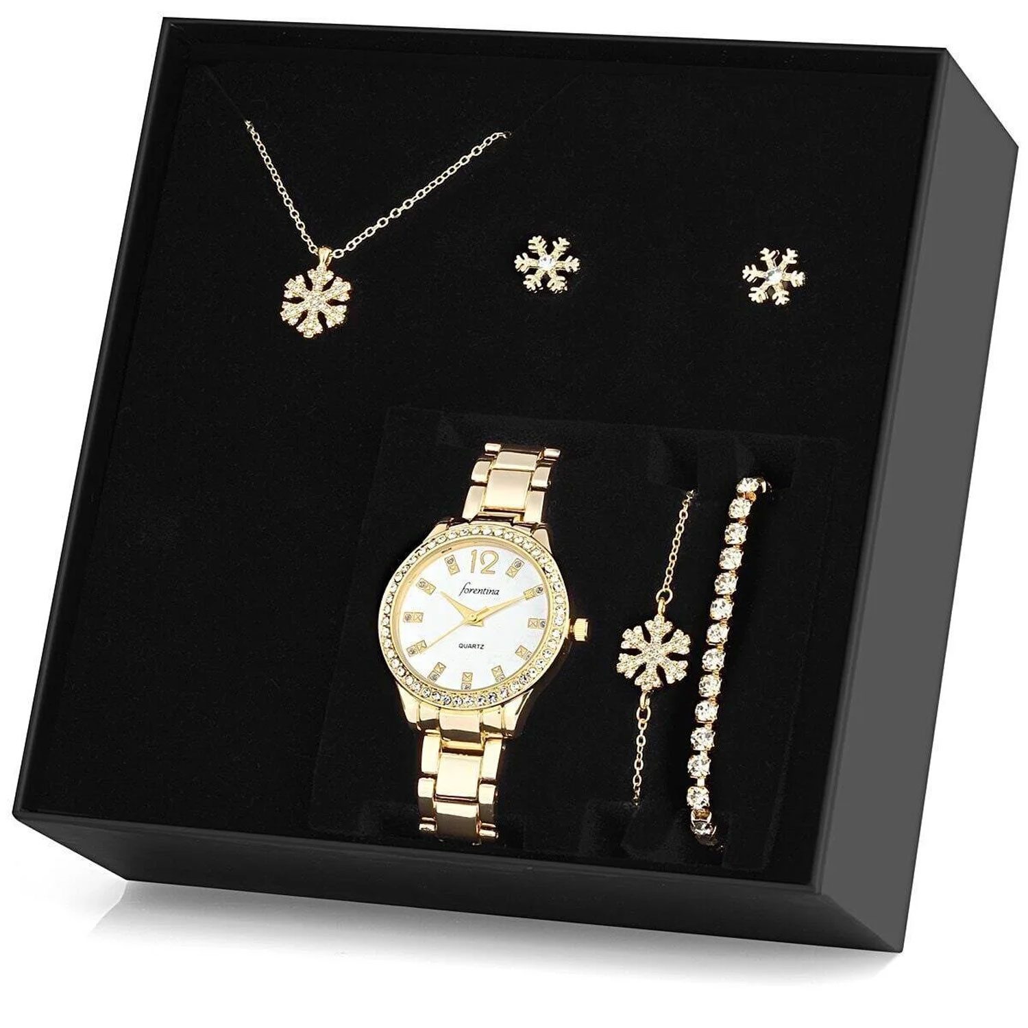 Jungengel Schmuckset Elegant Damen Schneeflocke Silber Gold – Kette, Ohrringe, Armband, Uhr (6-teiliges Set, 6-tlg., Schneeflocken Schmuck- & Uhrenset), 6-teiliges Komplettset inkl. Uhr, Schneeflocken-Motif an Kette