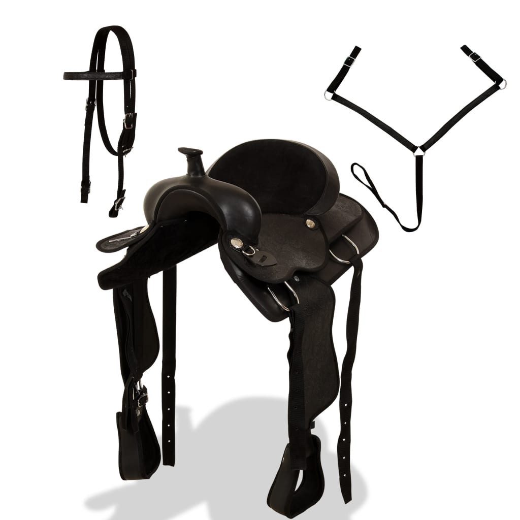 vidaXL Westernsattel, Sattel, Halfter & Brustblatt Echtleder 16" Schwarz