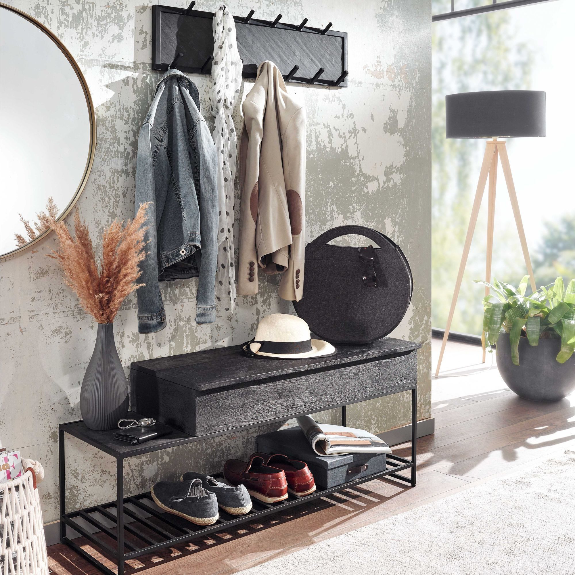 FINEBUY Garderobe n Set Flur Schwarz Holz Massiv Wand (Sitzbank & Wandgarde günstig online kaufen