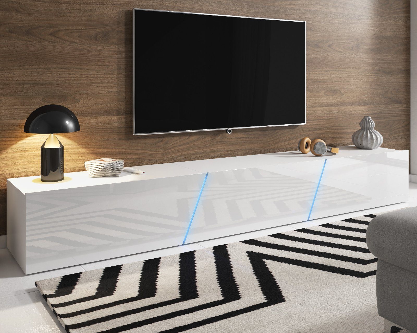 GuenstigEinrichten Lowboard Space (TV-Lowboard in weiß), Breite 240 cm,  Hochglanz, inklusive Beleuchtung