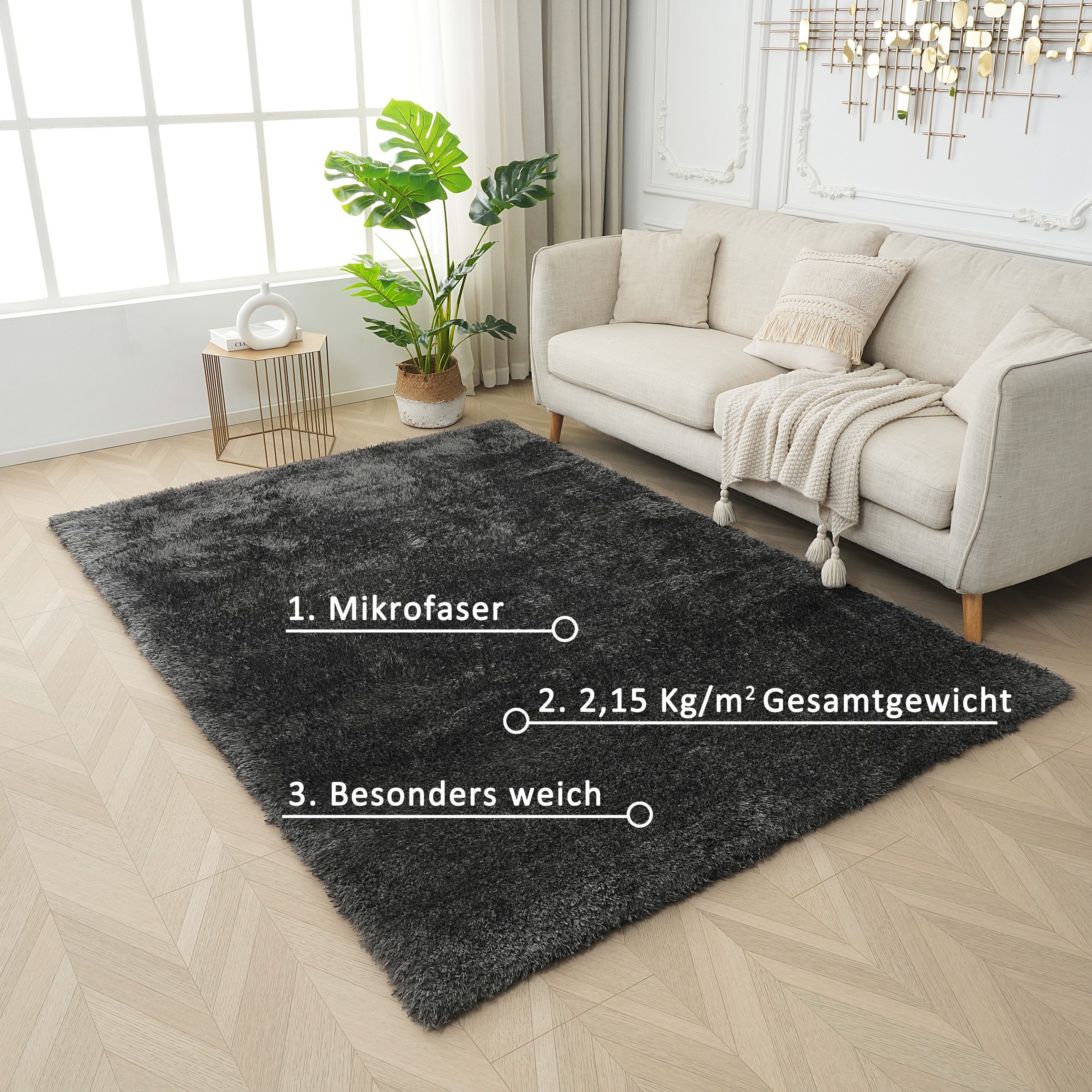 OTTO home Hochflor-Teppich Micro Shaggy, aus weicher Mikrofaser, rechteckig, Höhe: 53 mm, weich, flauschig, Uni-Farben, Wohnzimmer, Schlafzimmer, Kinderzimmer – Bild 3 von 5
