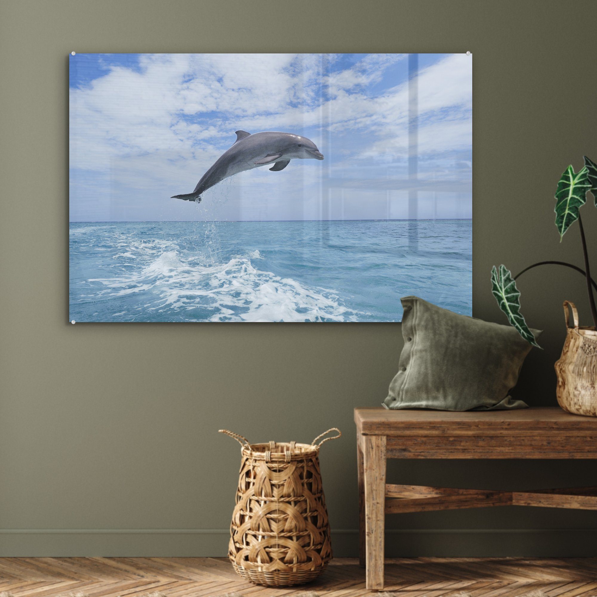 Acrylglasbilder (1 - Schlafzimmer St), MuchoWow Wohnzimmer Meer Acrylglasbild - Delfin & Himmel,