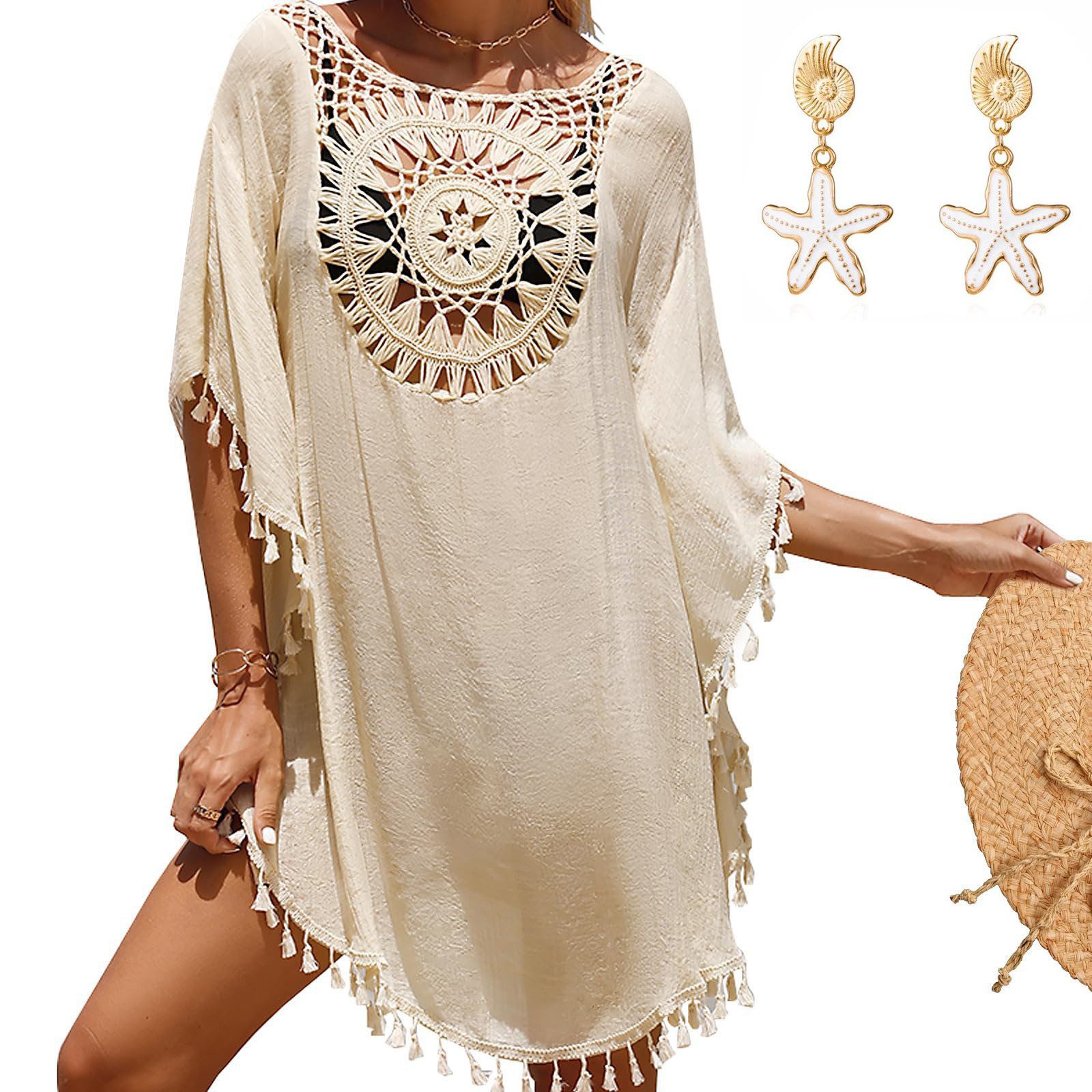 MOPUEA Strandkleid Damen Bikini Cover Up Strand-Tunika mit Fransen Strandbekleidung (mit Boho-Ohrringen, 1-tlg., Filigrane Häkelspitze umrahmt den tiefen V-Ausschnitt) Einheitsgröße mit Wohlfühlgarantie