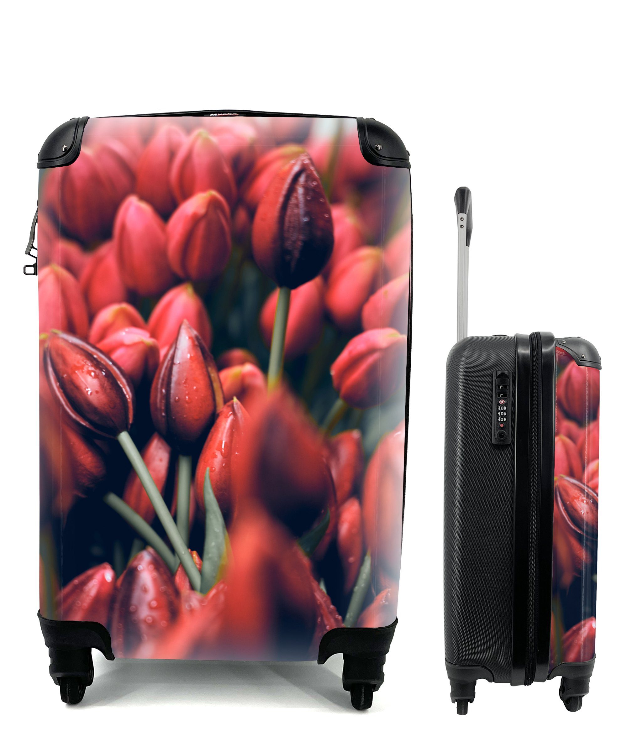 MuchoWow Handgepäckkoffer Nahaufnahme von roten Tulpen, 4 Rollen, Reisetasche mit rollen, Handgepäck für Ferien, Trolley, Reisekoffer