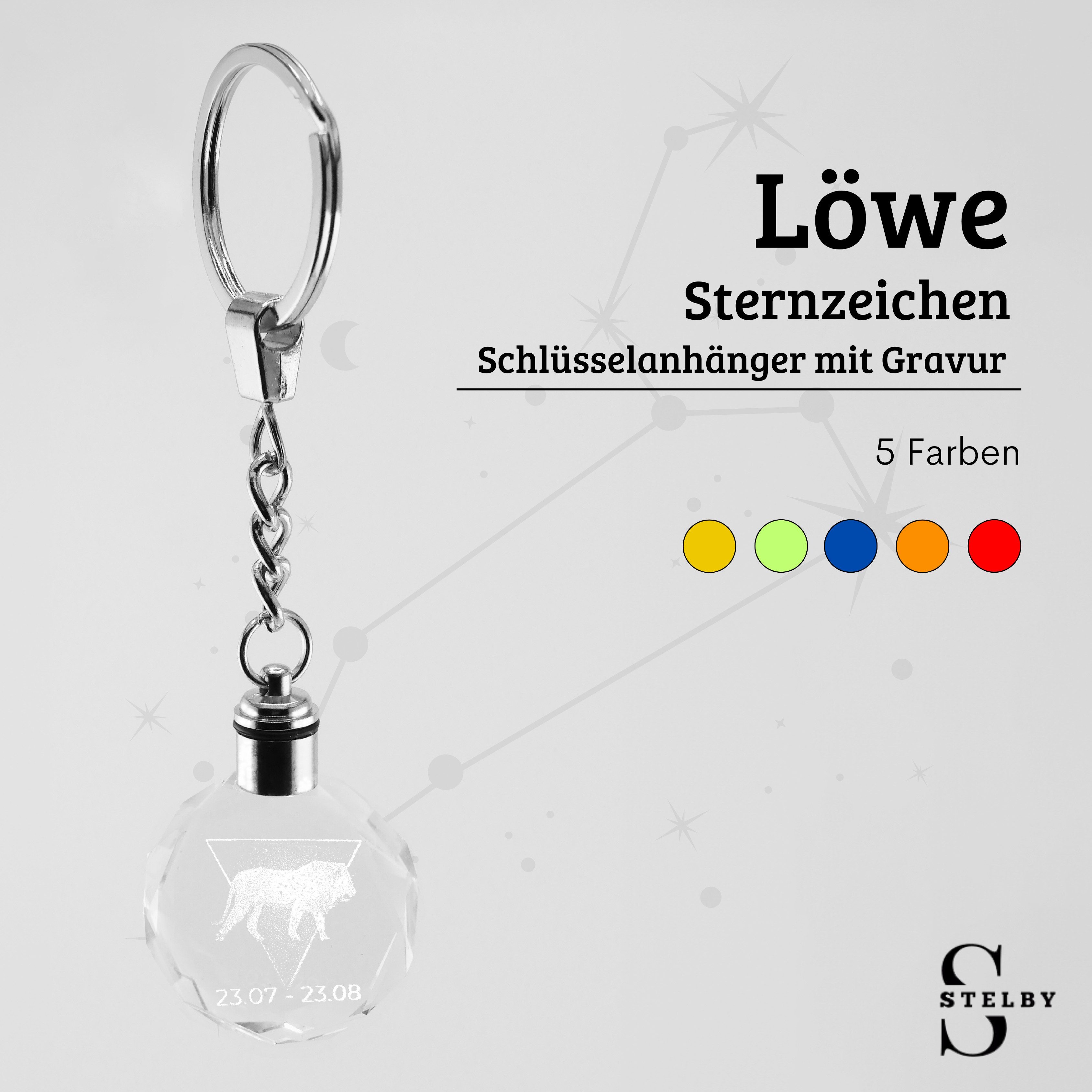 Stelby Schlüsselanhänger mit Gravur Löwe Sternzeichen Schlüsselanhänger Multicolor LED mit Geschenkbox (Perfekt für Geburtstage und Weihnachten, Robustes Glasmaterial, leuchtet in 5 Farben), Farbwechsel, langlebig, modernes Design