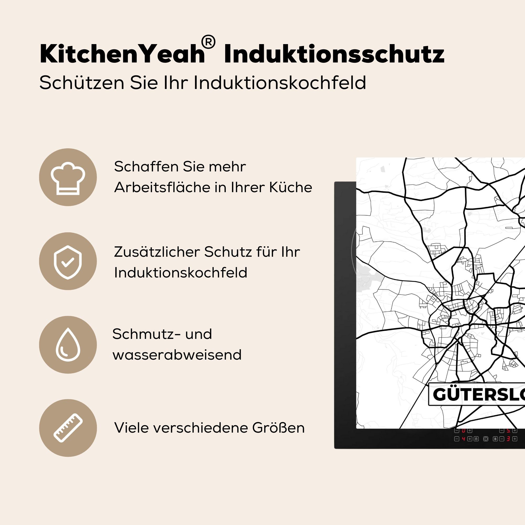 küche Stadtplan, Gütersloh Herdblende-/Abdeckplatte Arbeitsplatte für (1 Karte 78x78 Ceranfeldabdeckung, - Vinyl, cm, tlg), - MuchoWow