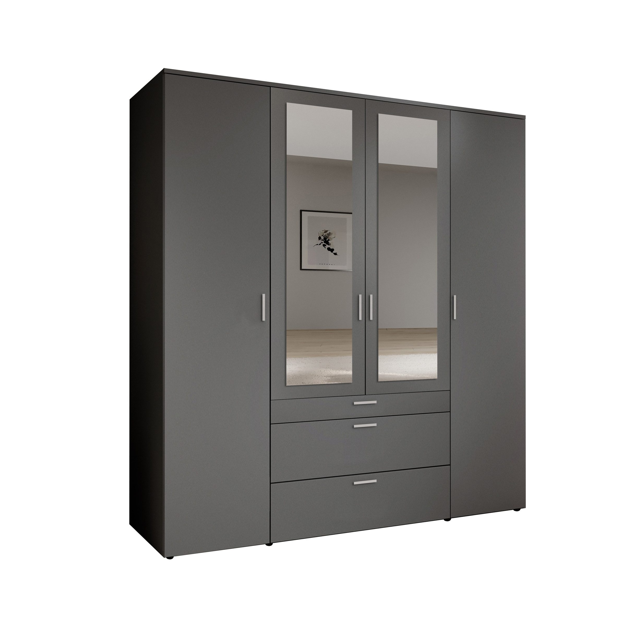 PREISBRECHER Drehtürenschrank Vesala 4 Türen, 3 Schübe, Graphit / Spiegel - 180x195x56cm (BxHxT)