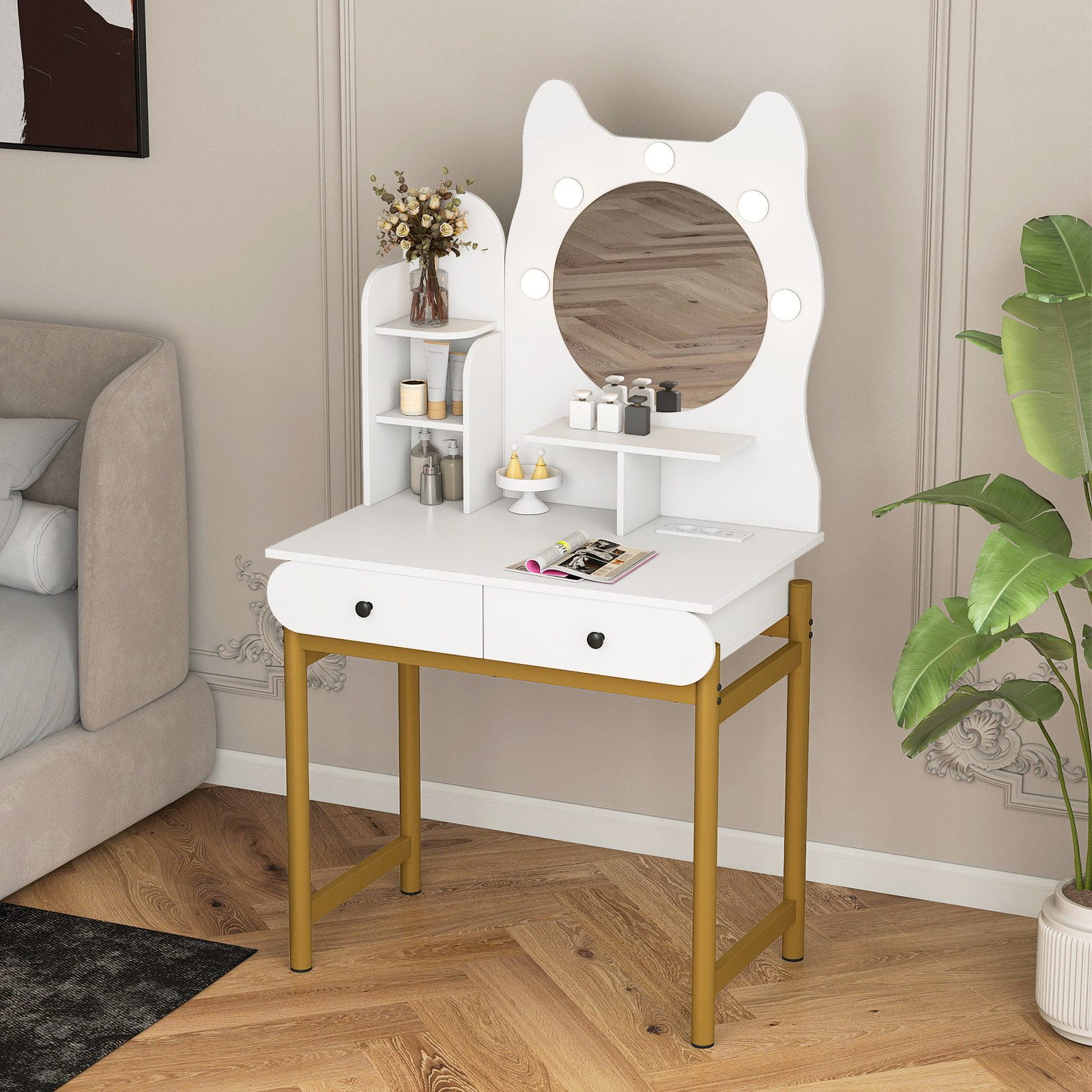 COSTWAY Schminktisch (1-St), Frisiertisch mit Spiegel, 3 Lichtmodi, in Katz günstig online kaufen