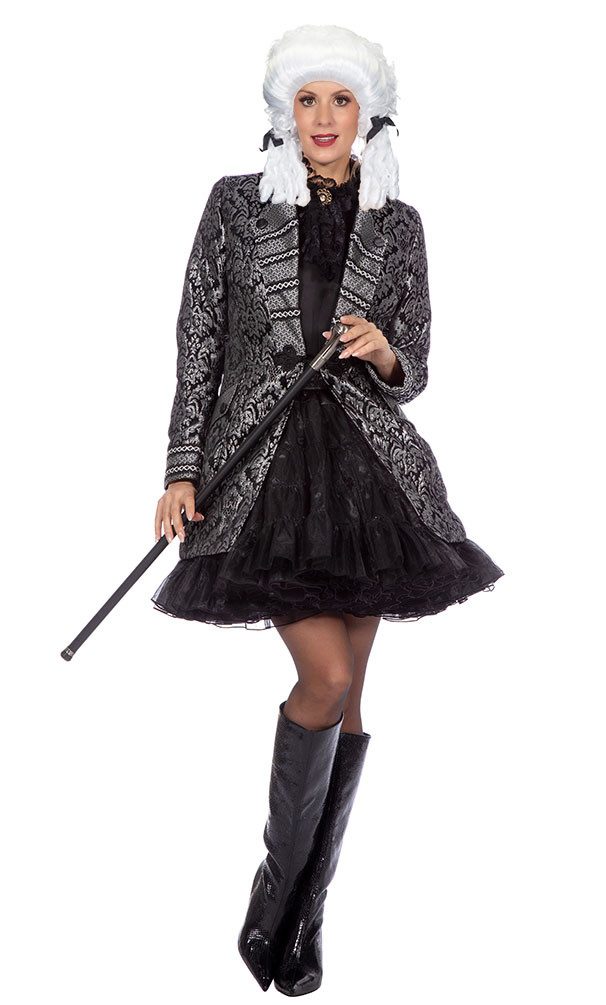 Karneval-Klamotten Kostüm Rokoko Brokatjacke Damen silber schwarz hochwertig, Frack Rokoko Barock Venezianisch Frauen große Größen Partnerkostüm