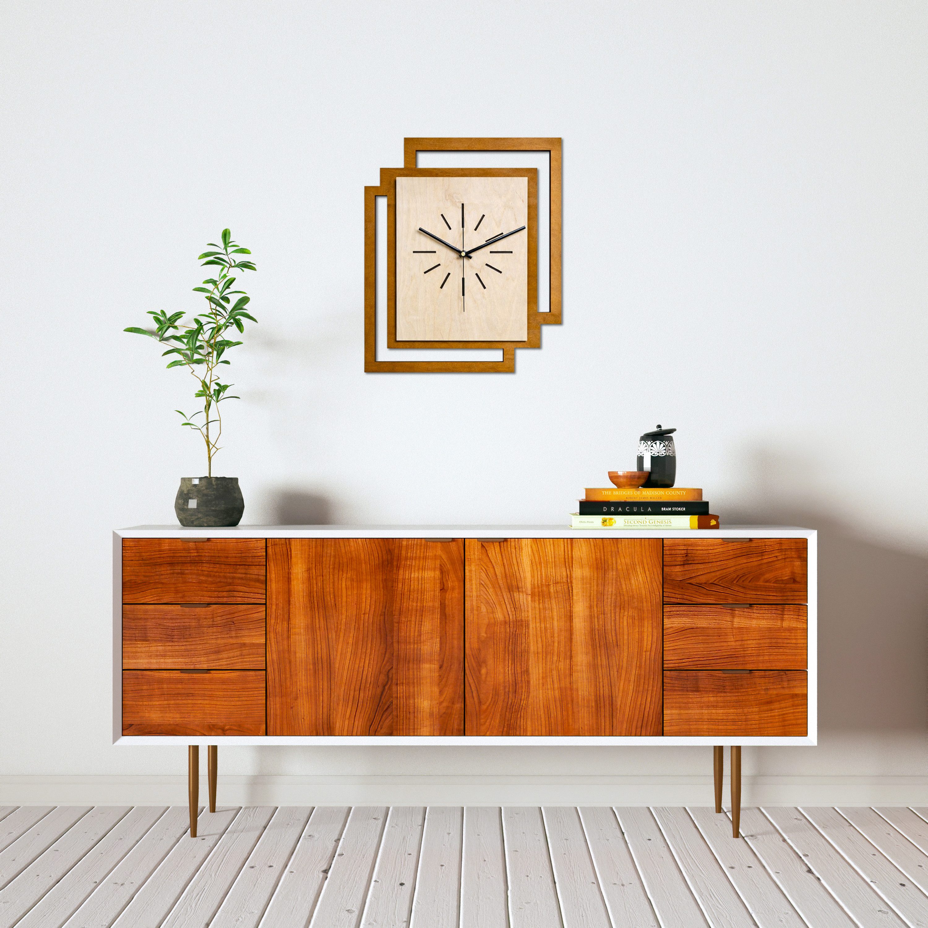 ORNAMENTI Wanduhr Große handgefertigte moderne aus Holz, Hingucker Wanddeko 45 x 55 cm (Rechteckig vertikal ohne Tickgeräusche für Wohnzimmer, ohne Ziffern)