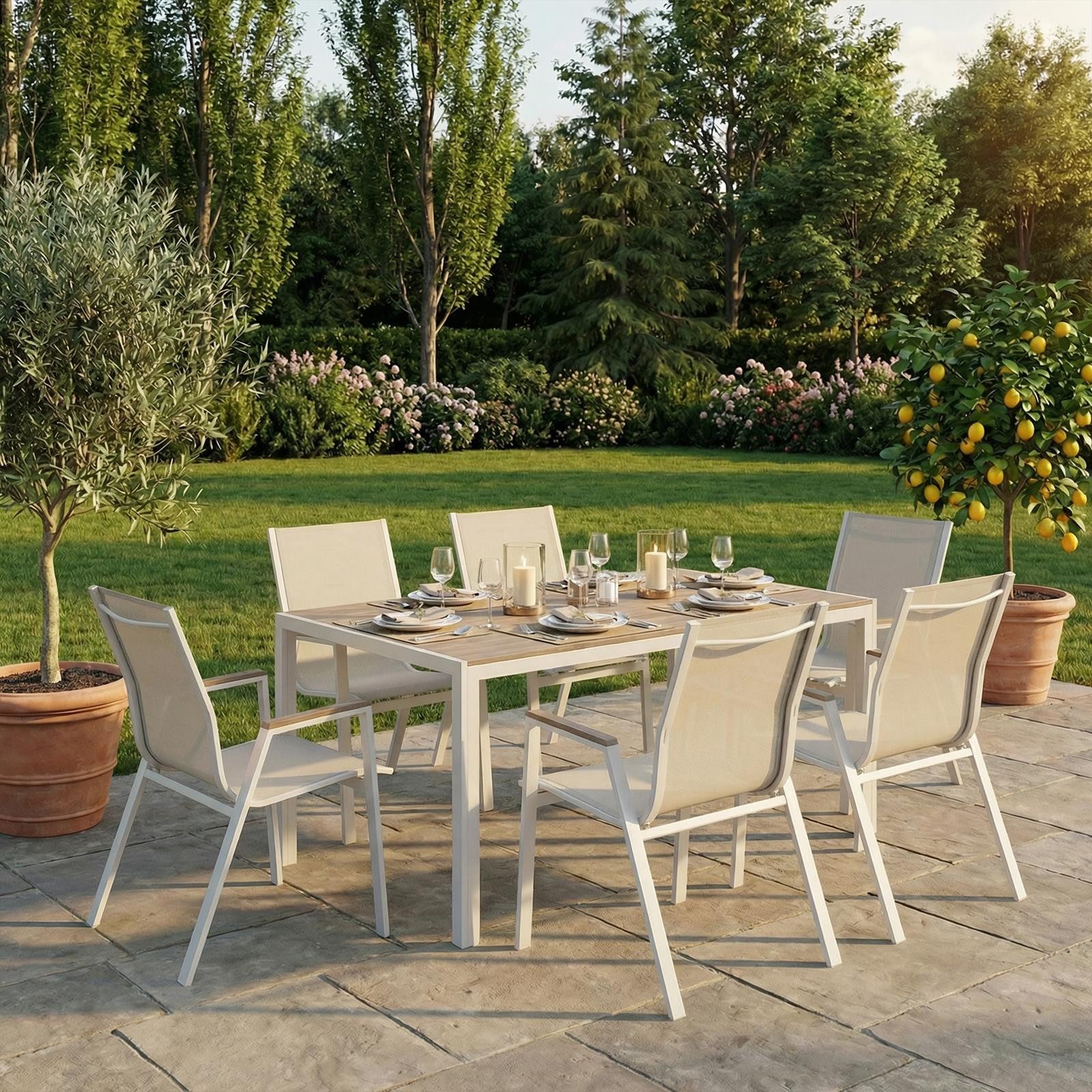 IDIMEX Garten-Essgruppe MONDELLO, (7-tlg), Outdoor Essgruppe mit 6 Stühlen und WPC-Tischplatte Weiß