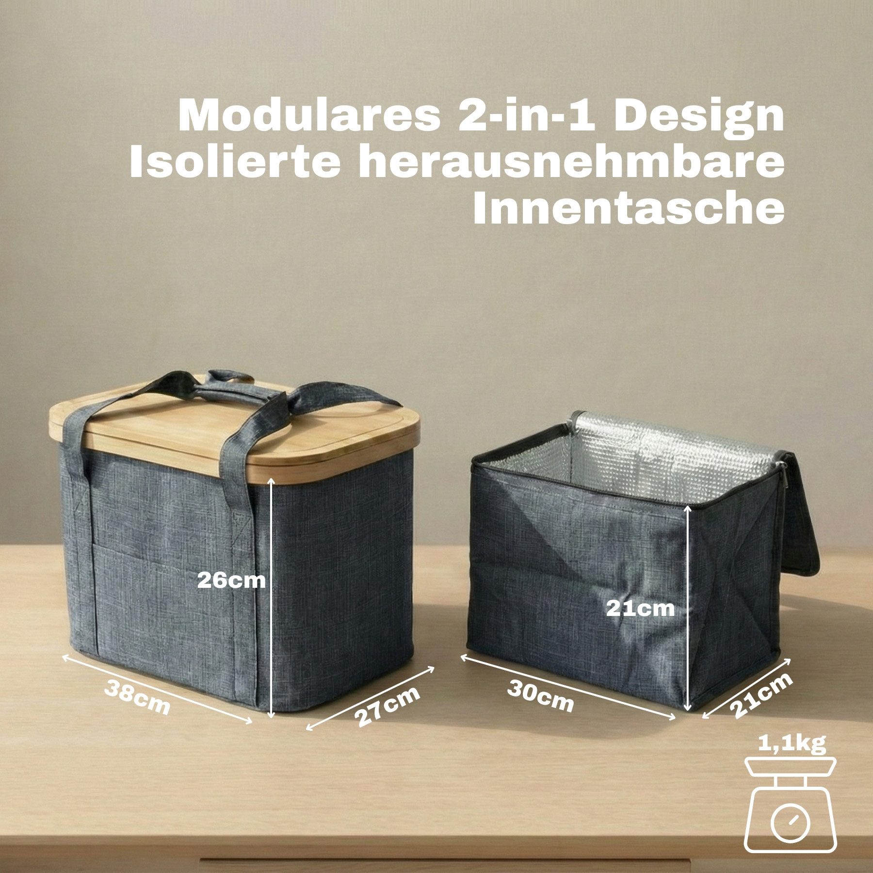 BigDean Picknickkorb 2-in-1 mit herausnehmbarer Kühltasche und Bambusdeckel (Set, 1 St., Picknickkorb), Faltbar, Vielseitig, Abwaschbar
