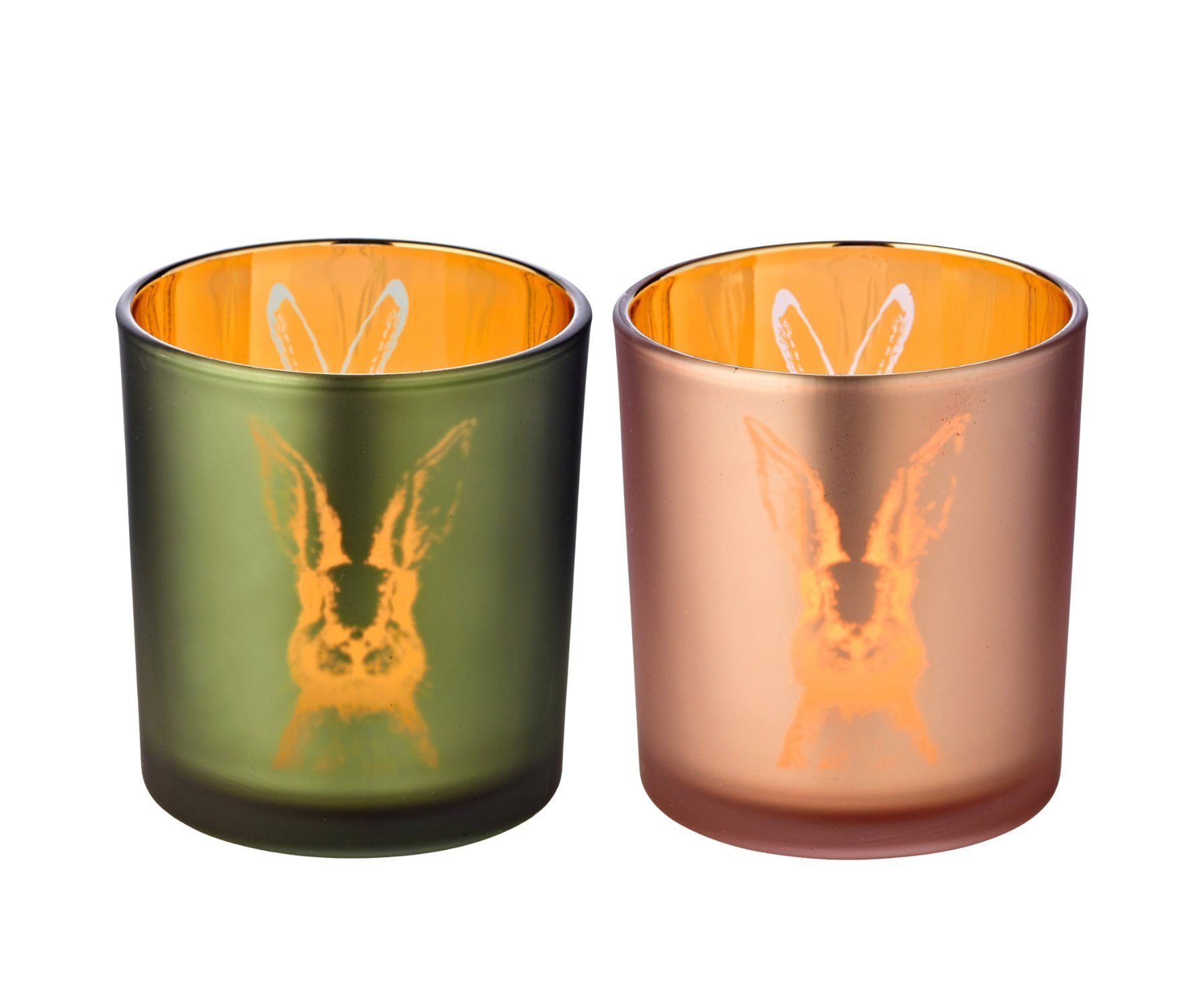 EDZARD Windlicht Hase, 2er-Set, Glas, Hasen-Motiv, grün und rosa, H 8 cm, Ø 7 cm