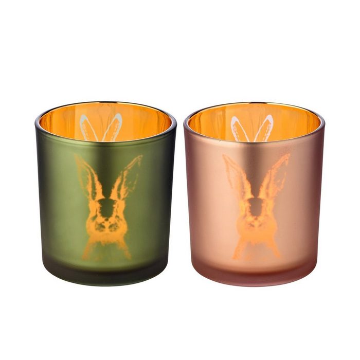 EDZARD Teelichthalter Hase (2er Set) Windlicht 2er-Set Kerzenglas mit Hasen-Motiv in Grün/Rosa-Optik Teelichtglas für Teelichter Höhe 8 cm Ø 7 cm