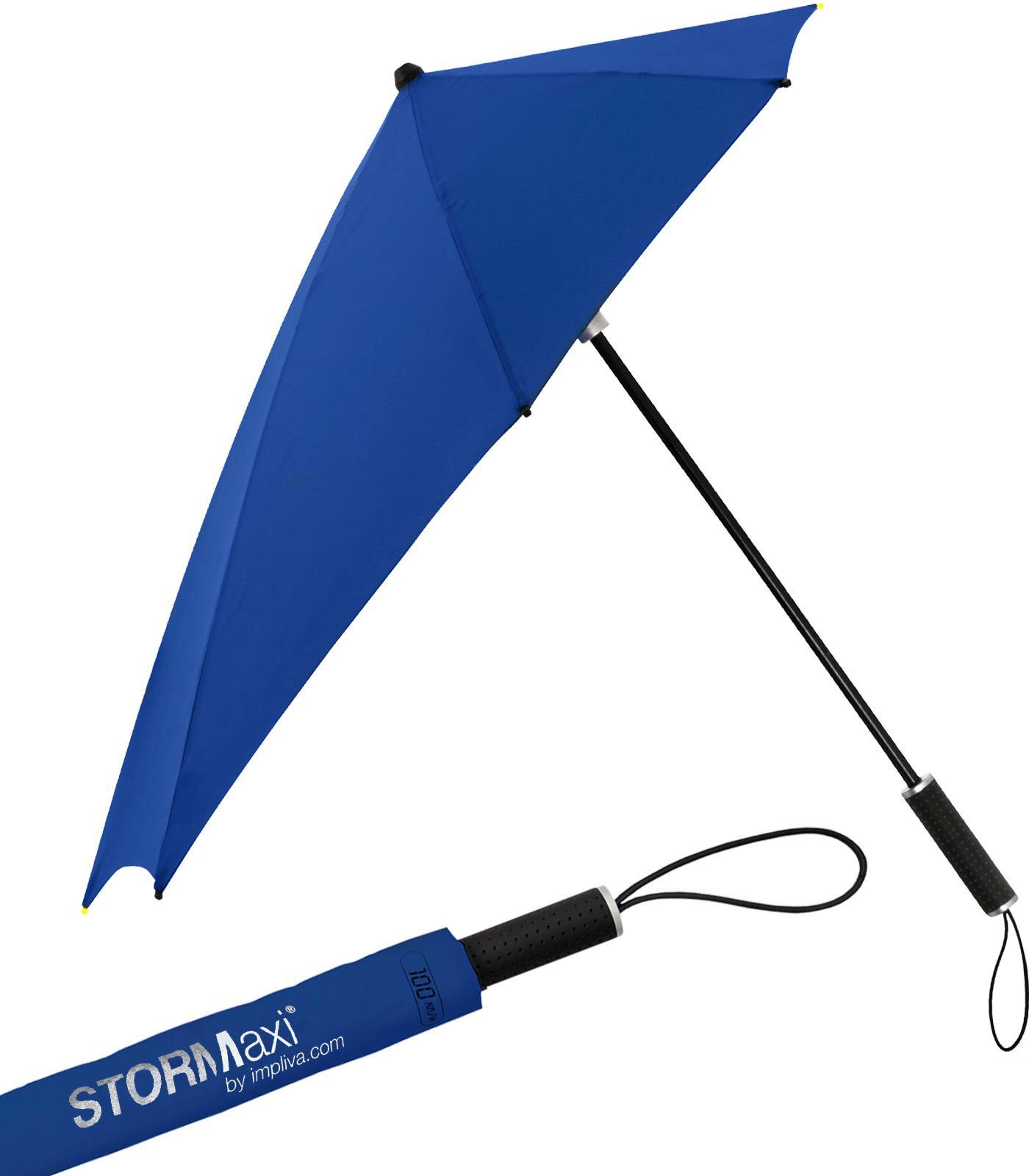 Schirm sich Stockregenschirm Form seine hält durch in aus bis der besondere Wind, Regenschirm, den navy Impliva 100 zu aerodynamischer km/h dreht STORMaxi Sturmschirm