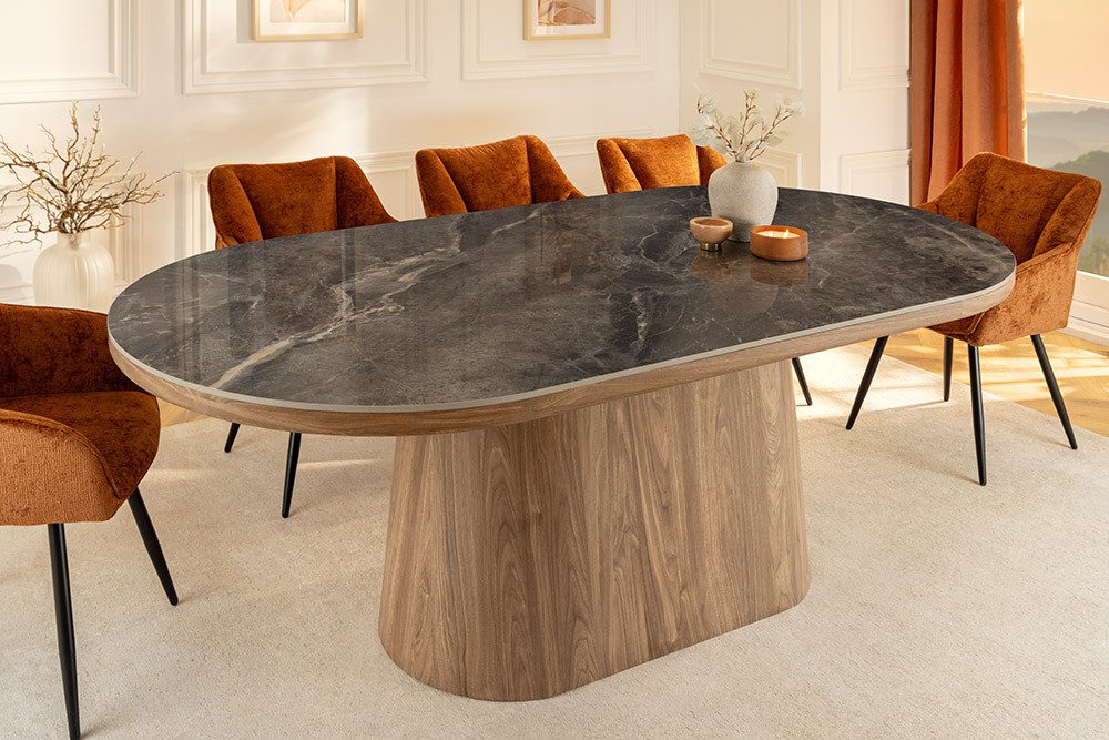 riess-ambiente Esstisch UNIQUE 200cm Keramik grau – oval, Walnuss Säulenfuß braun (Einzelartikel, 1-St), moderner Materialmix, …