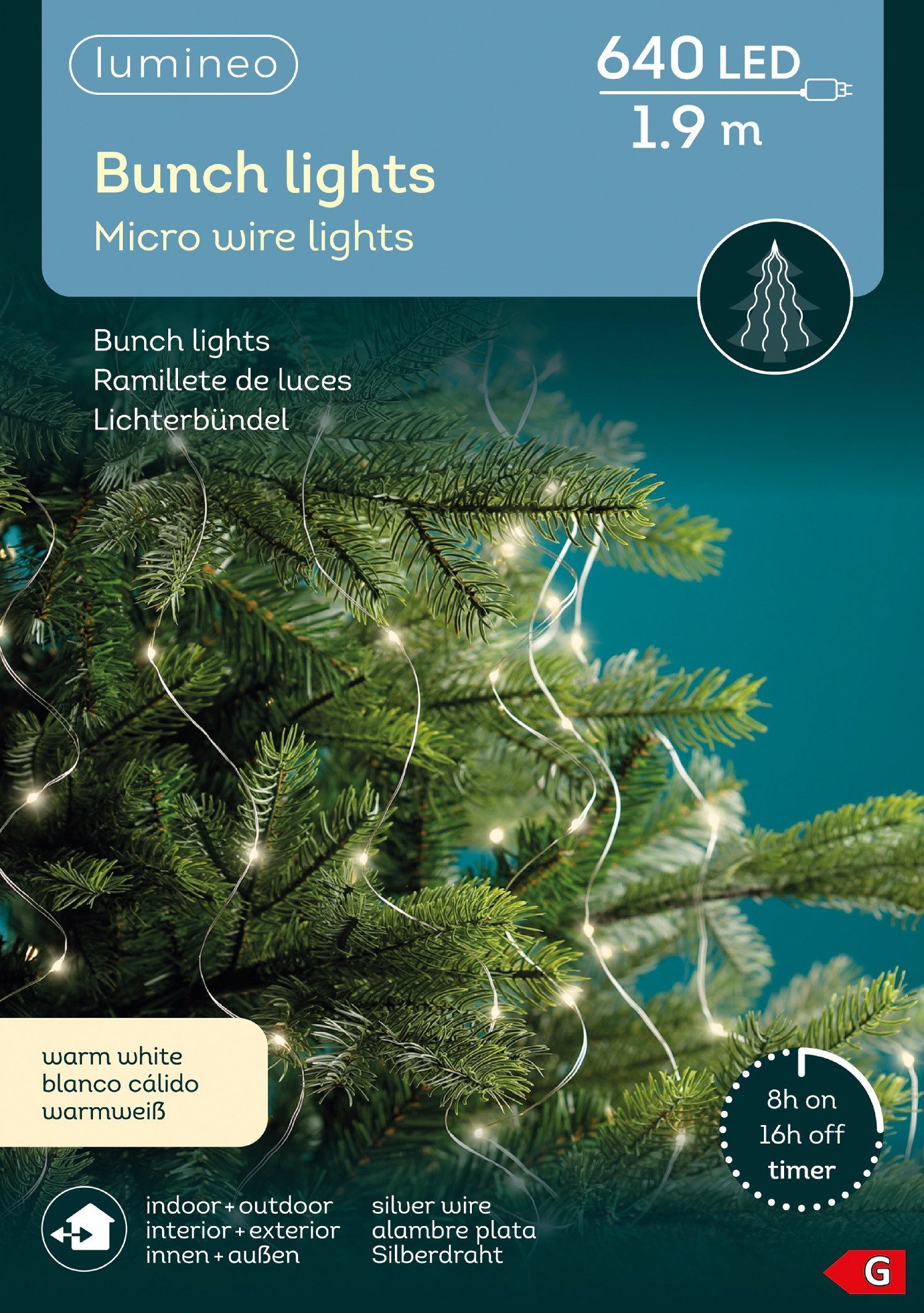 Lumineo LED-Lichterkette Lumineo Lichterbündel Bunch Lights 640 LED 1,9m warm weiß, Silberdraht, 8h-Timer, Indoor, Outdoor, IP44-Schutz