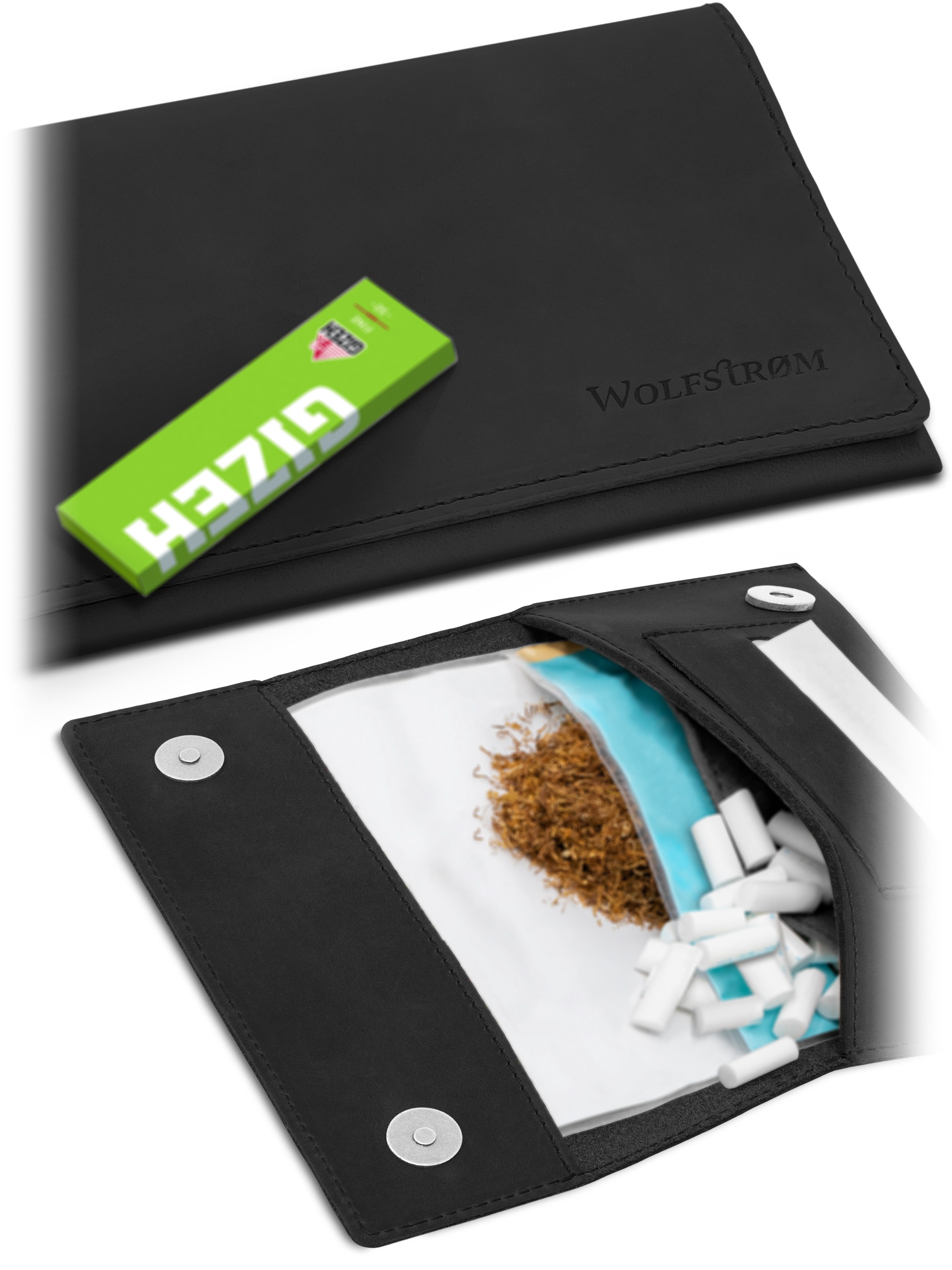 Wolfstrøm Tabakbeutel Leder 'Halona' - Kompakte Tabaktasche, Gizeh Papers, Magnetverschluss (Made in EUROPE, Design in Germany, inkl. GIZEH Papers, inkl. Geschenkbox), Vollnarbenleder, Echtleder