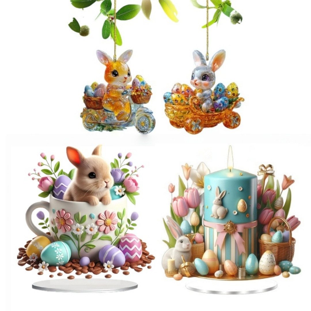 VEKROBOT Dekofigur Oster Deko Set 2D 4 teilig Blumen Eier Häschen Tisch Fensterbank Deko (1 St., Verspielte Oster- und Frühlingsdekoration), Ideal für Tische, Regale, Fensterbänke oder Vitrinen