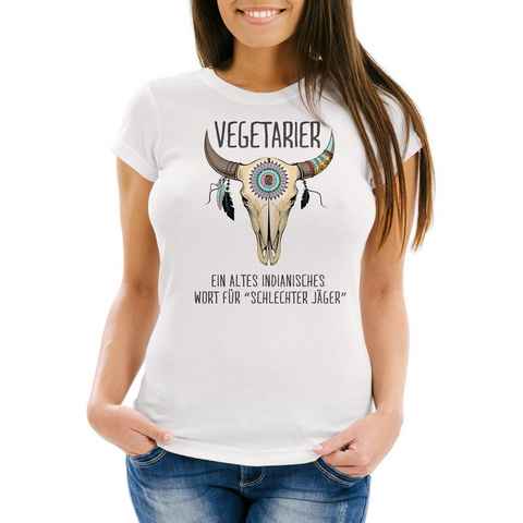 MoonWorks Print-Shirt Damen T-Shirt Spruch lustig Vegetarier ein altes indianisches Sprichwort für schlechter Jäger Motiv Büffelschädel Frauen Fun-Shirt Moonworks® mit Print