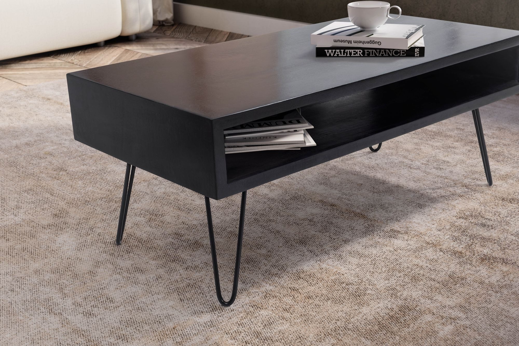FineBuy Couchtisch Mango Massivholz schwarz 100x50 cm · rechteckiger Wohnzimmertisch mit Ablagefach · Massivholztisch mit Hairpin-Beinen im modernen Industrial  – Bild 4 von 5