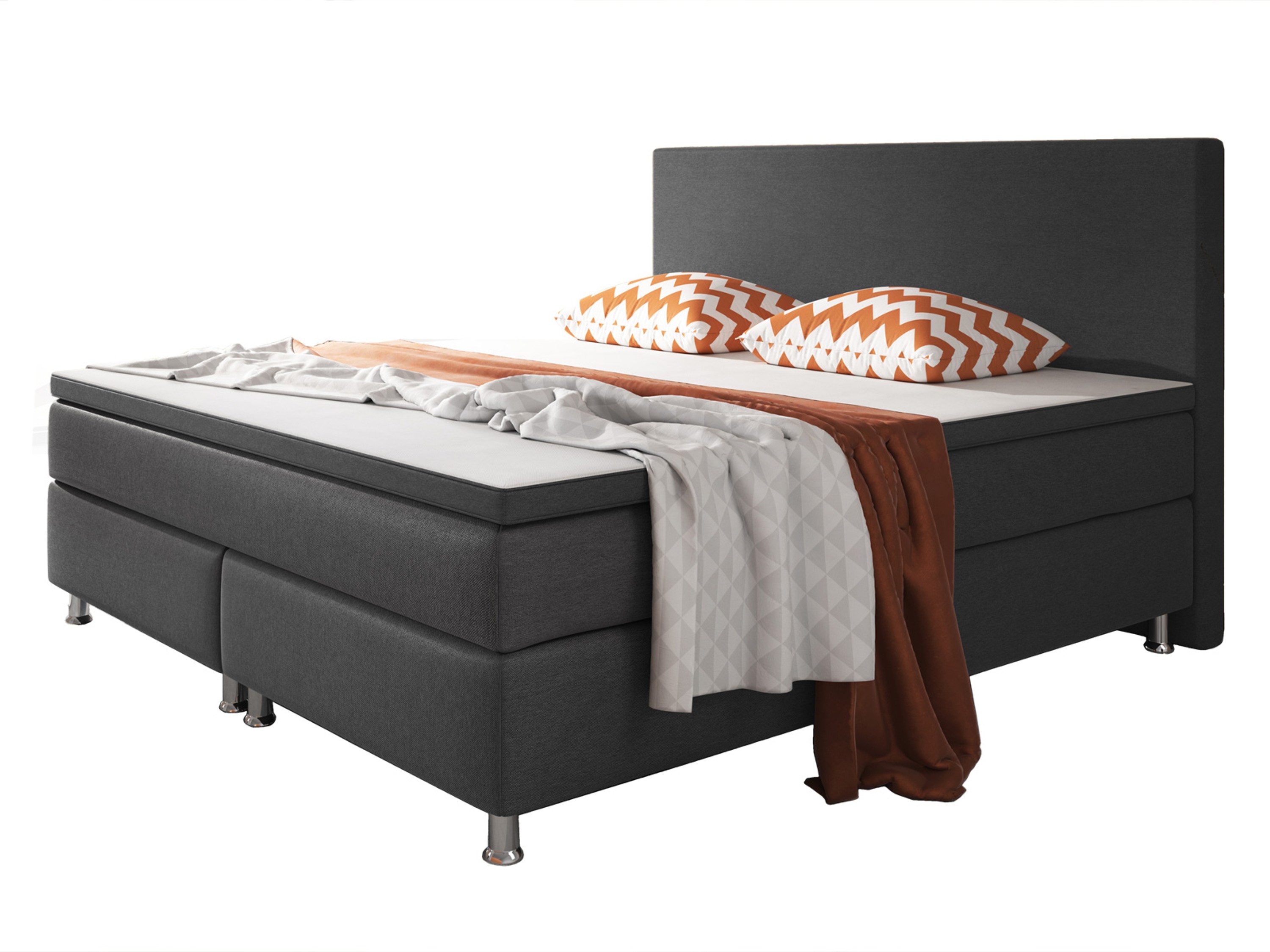inter Boxspringbett Berlin Webstoff mit 7 Zonen Taschenfederkern und Topper (140x200 cm, Anthrazit mit 7 Zonen Taschenfederkernmatratze und Topper), Taschenfederkern-Komfort, gepolstertes Kopfteil, inklusive Matratze