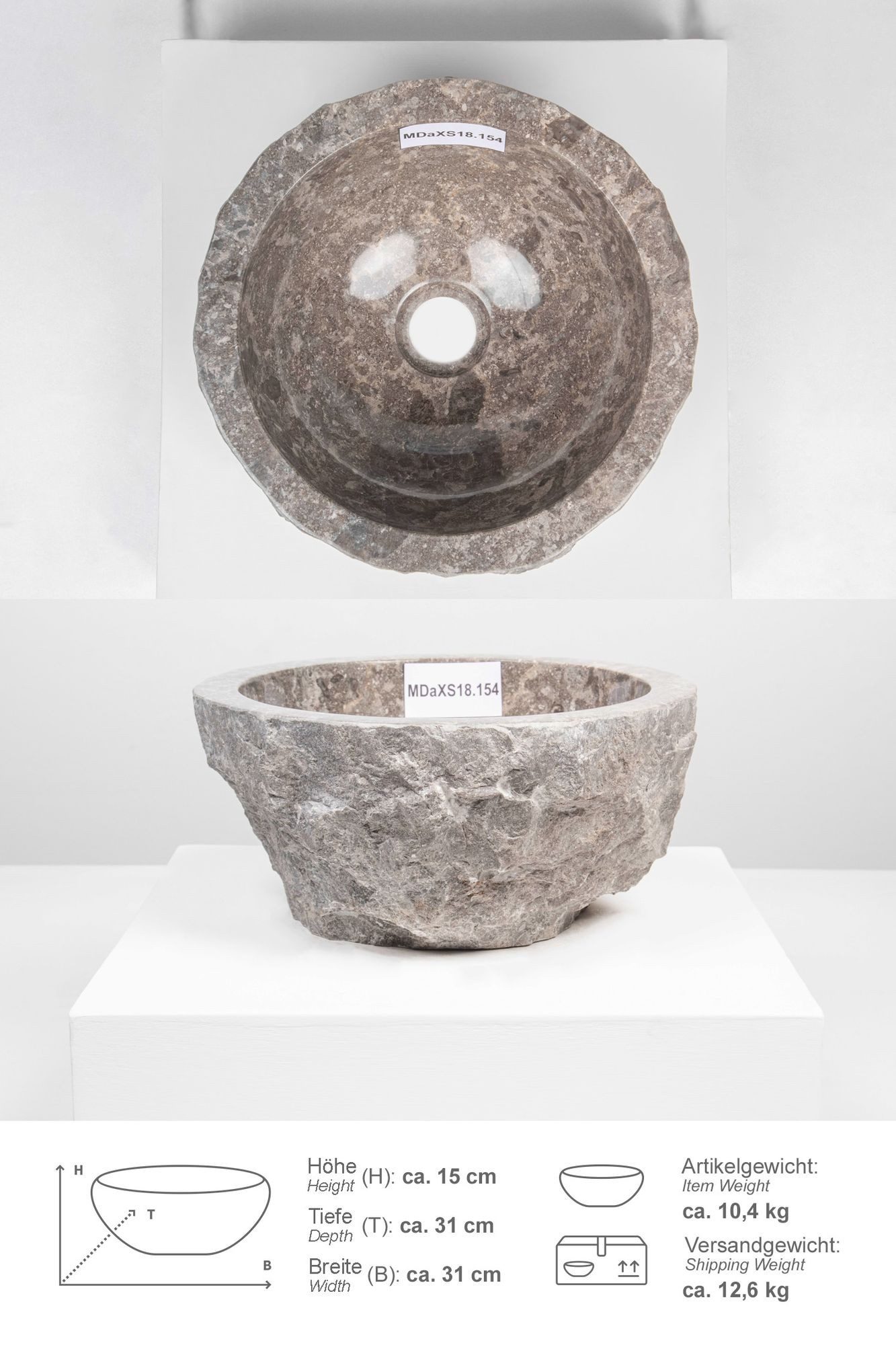 wohnfreuden Aufsatzwaschbecken Erosi Marmor Waschbecken 30 cm grau (Kein Set), 39334_MDaXS18.154